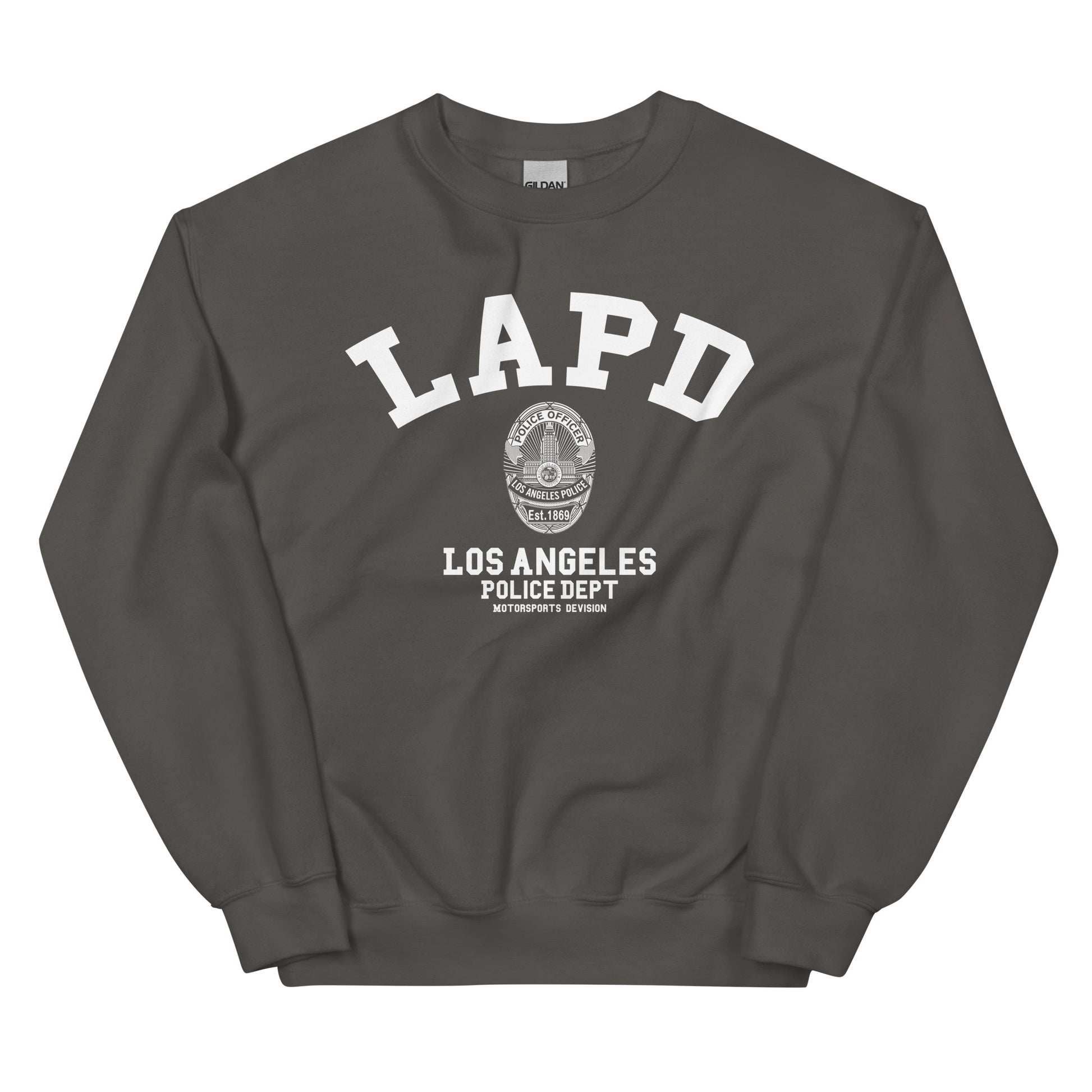 Gray sweatshirt with LAPD Los Angeles Police Dept logo on a white background