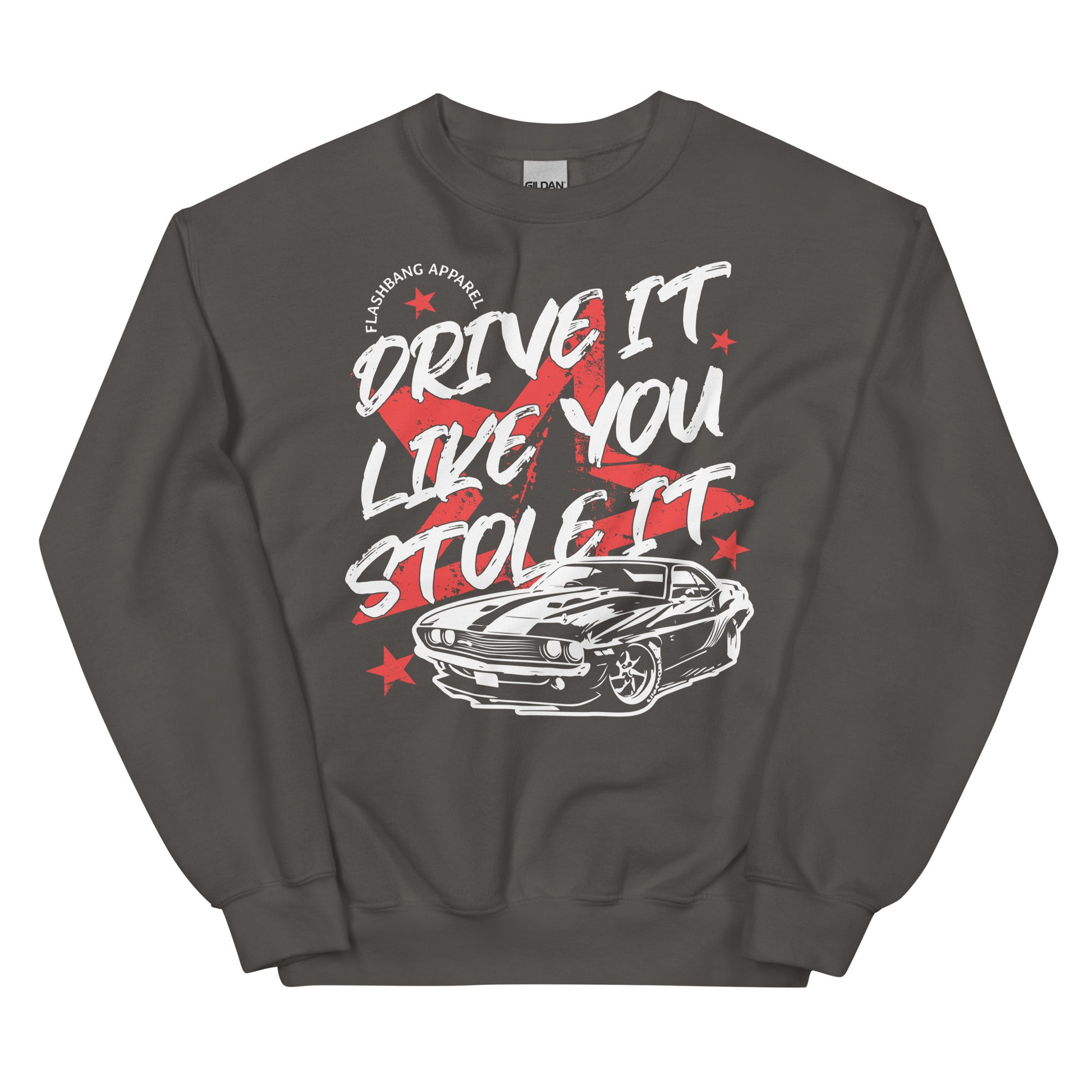 Gray sweatshirt with graphic design and text on a white background