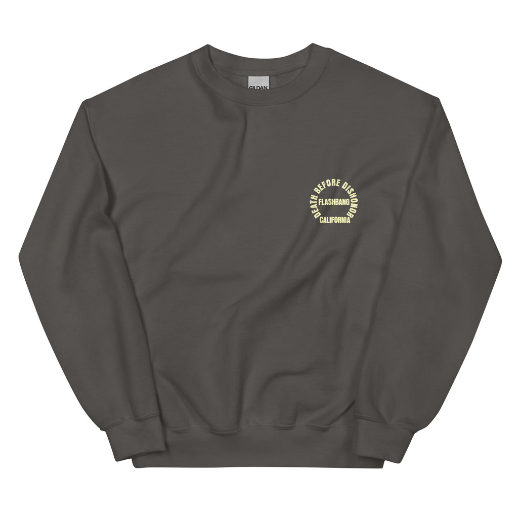 Dark gray sweatshirt with a yellow logo on a white background