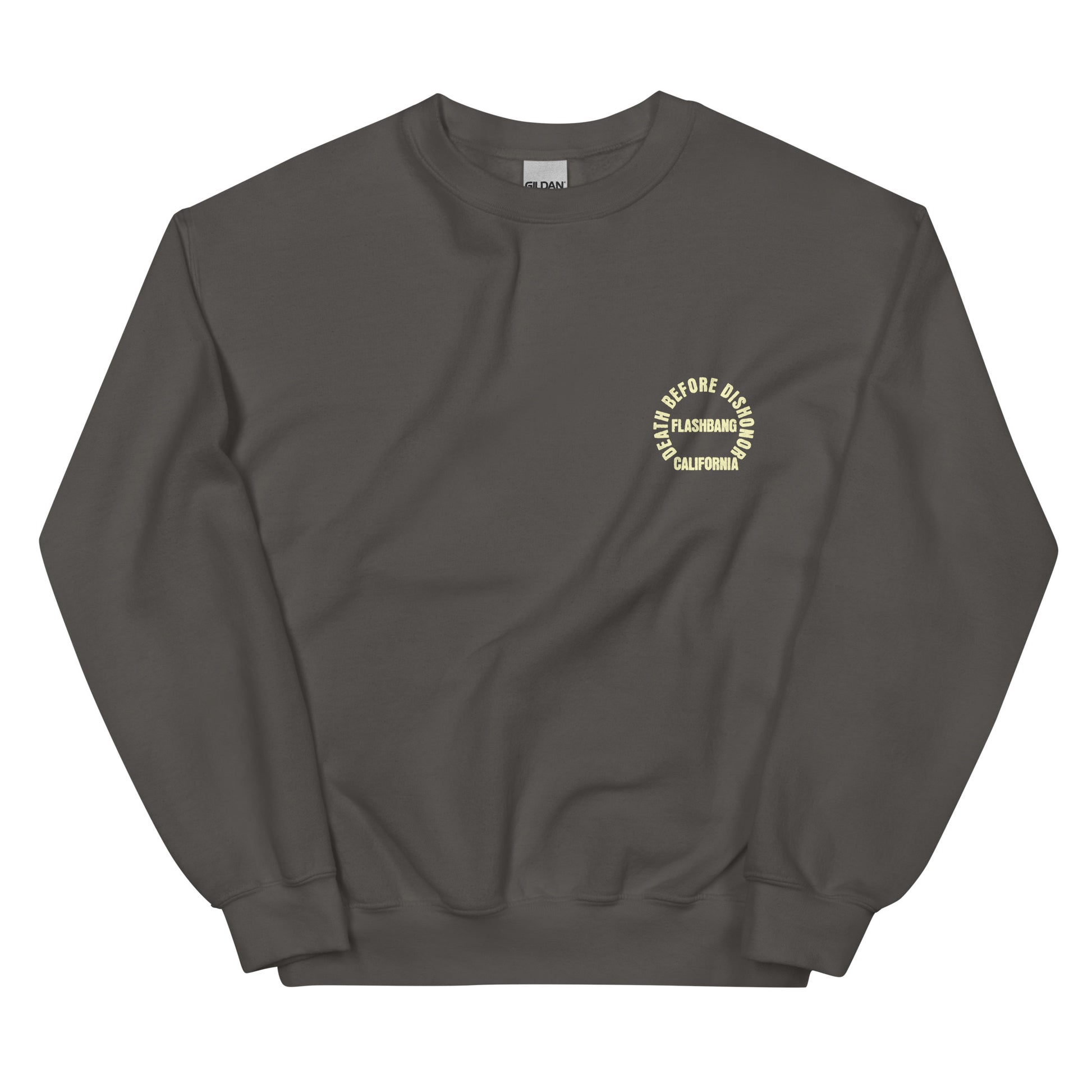 Dark gray sweatshirt with a yellow logo on a white background