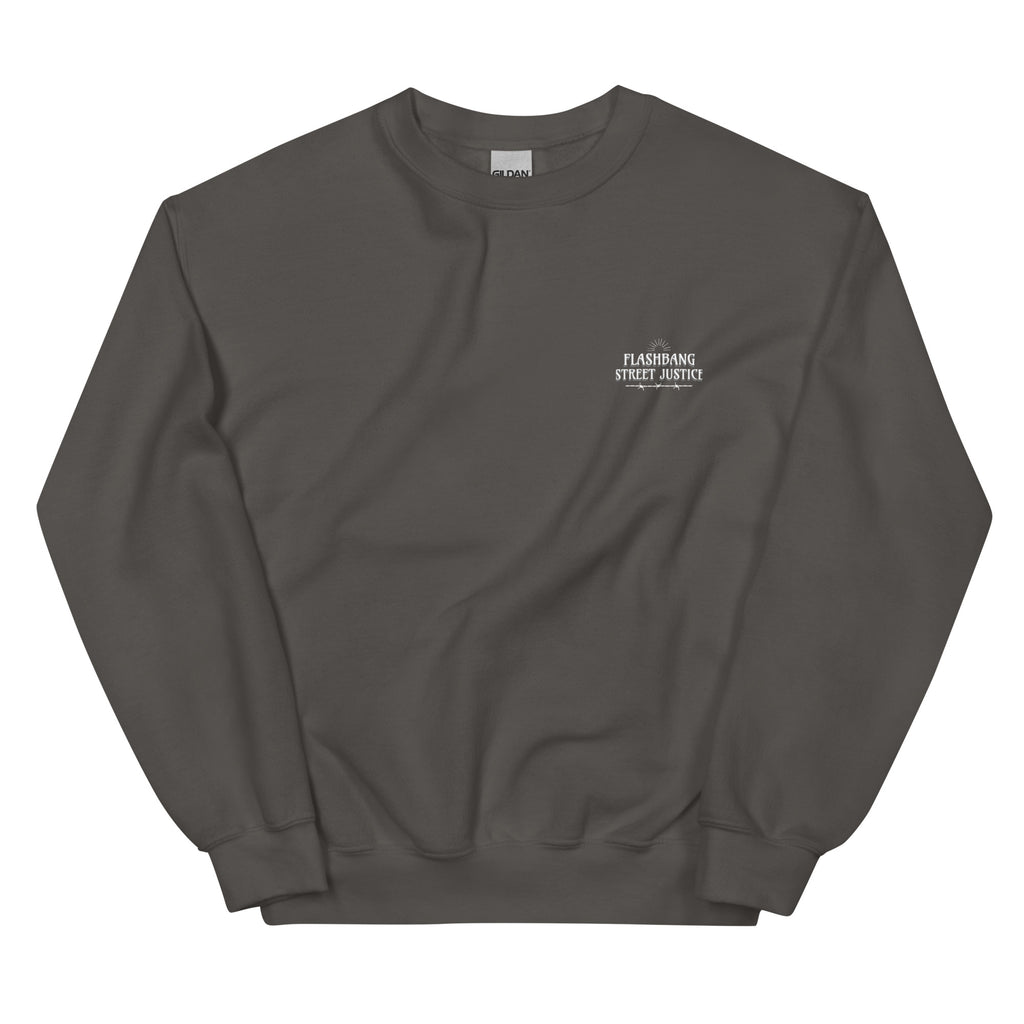 Dark gray sweatshirt with a small white logo on a white background