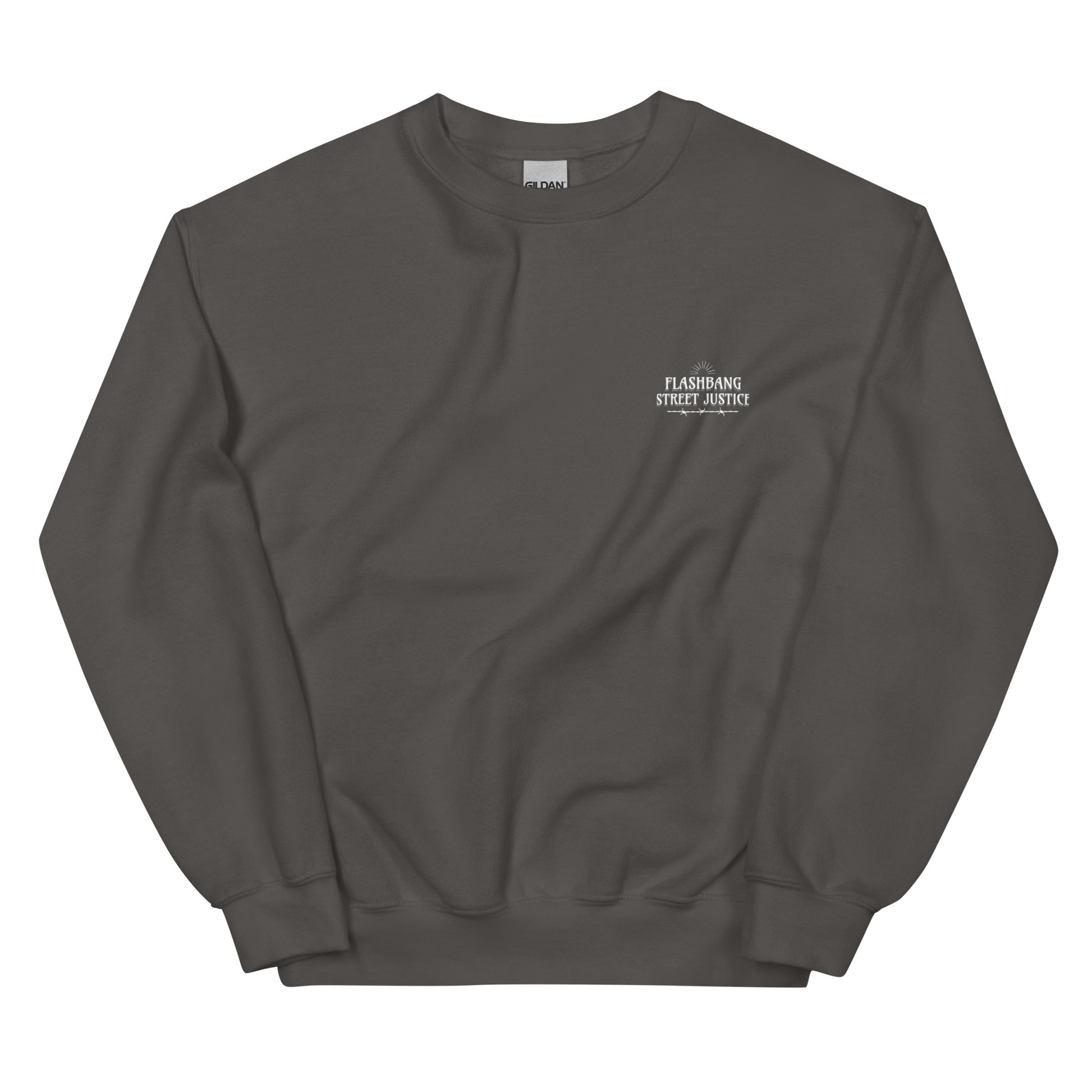 Dark gray sweatshirt with a small white logo on a white background