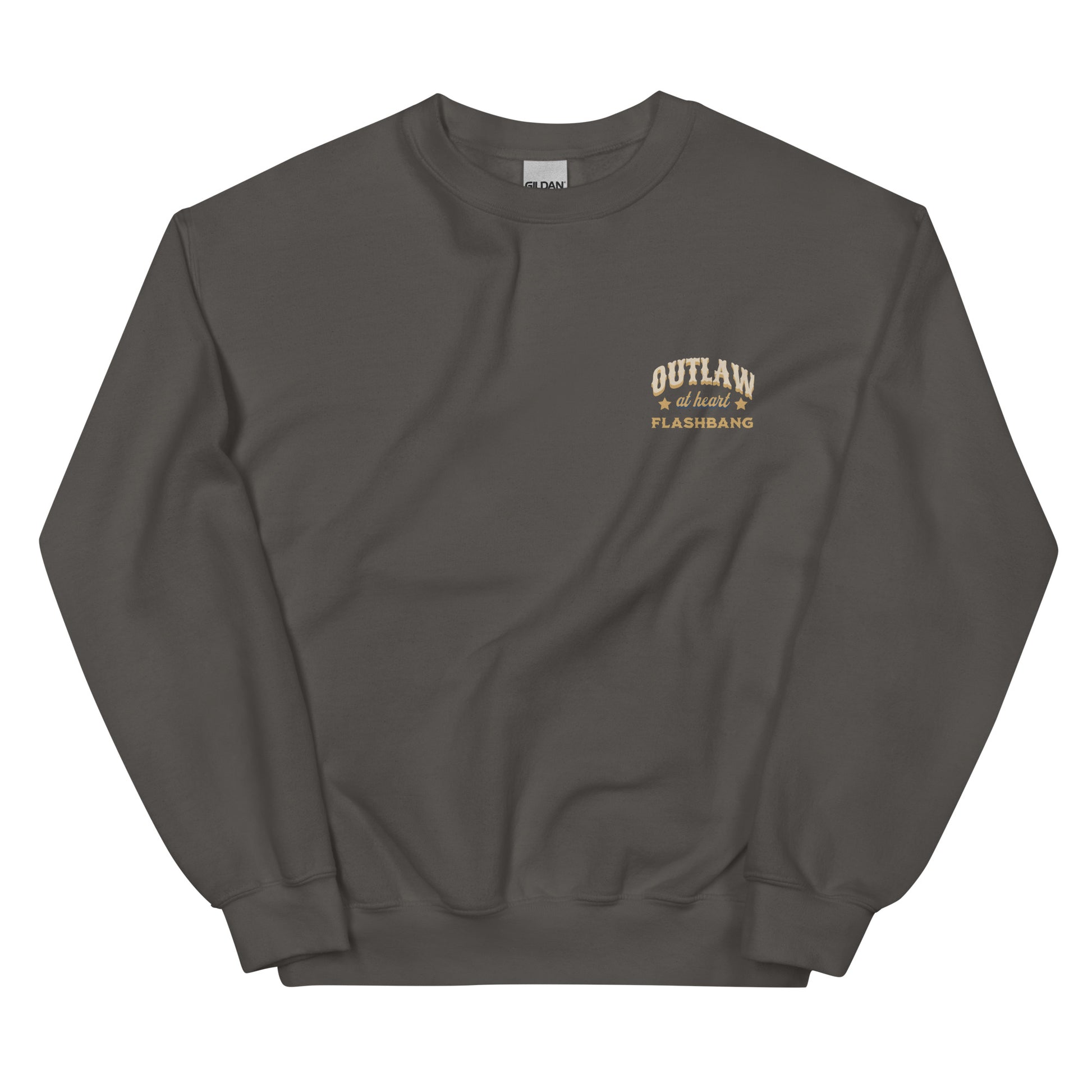 Dark gray sweatshirt with 'Outlaw at heart Flashbang' text on a white background