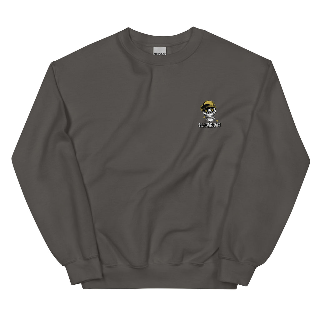 Dark gray sweatshirt with a small graphic on the chest against a white background