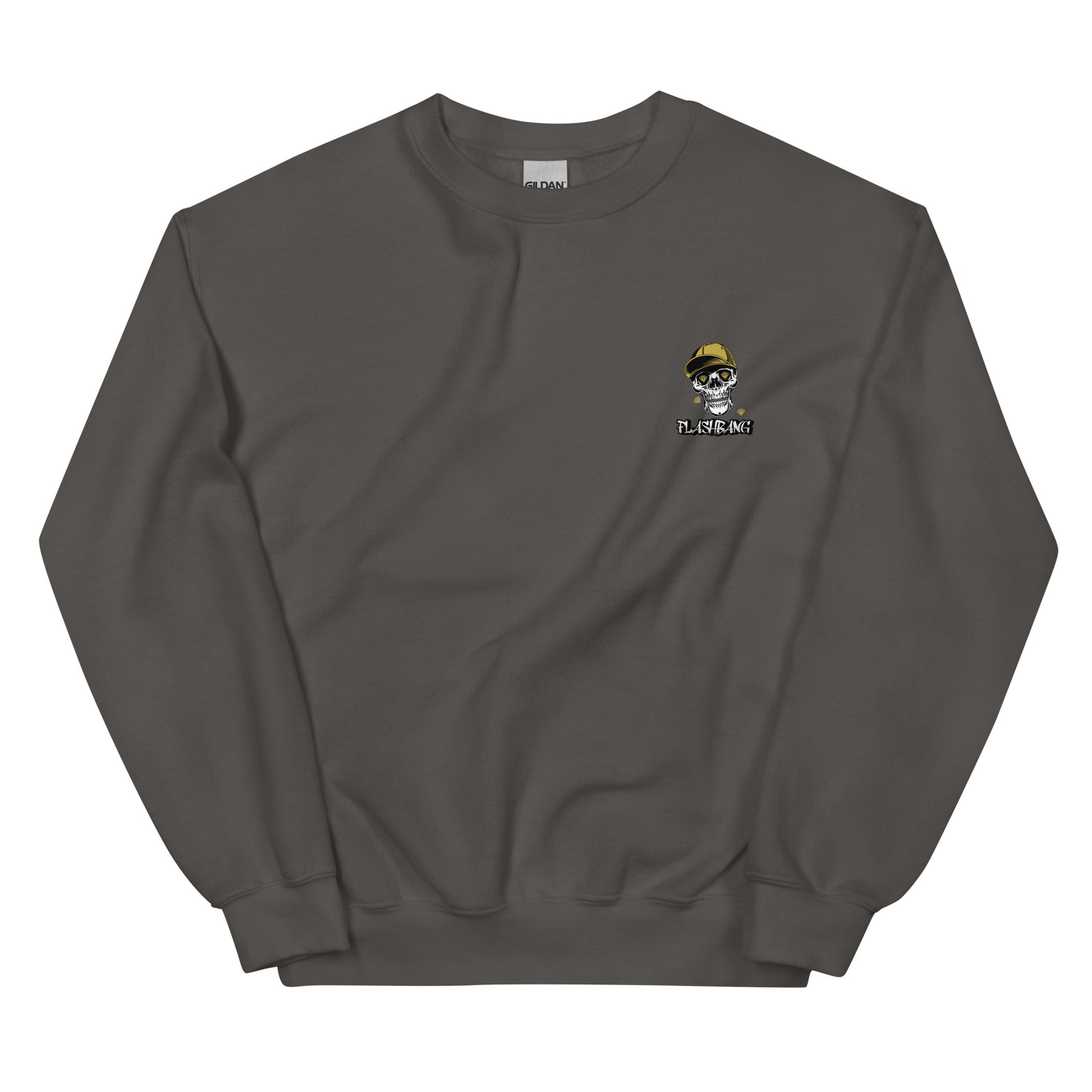 Dark gray sweatshirt with a small graphic on the chest against a white background