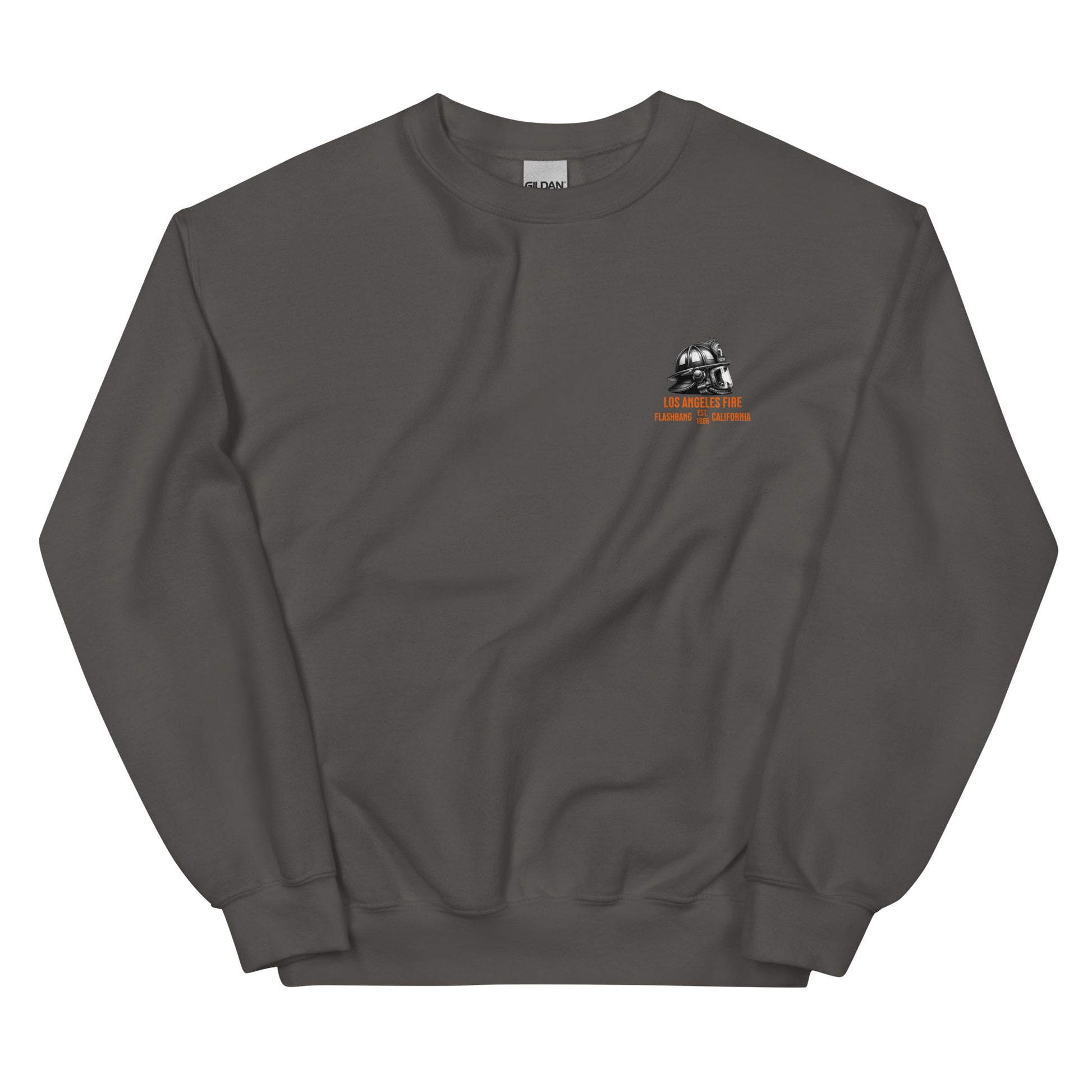 Dark gray sweatshirt with a logo on the chest against a white background
