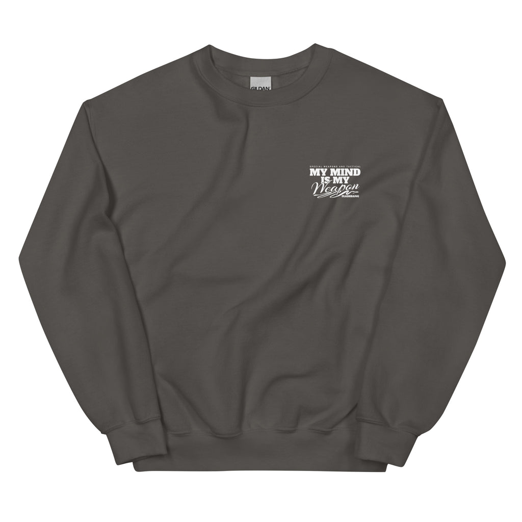 Dark gray sweatshirt with white text on a white background