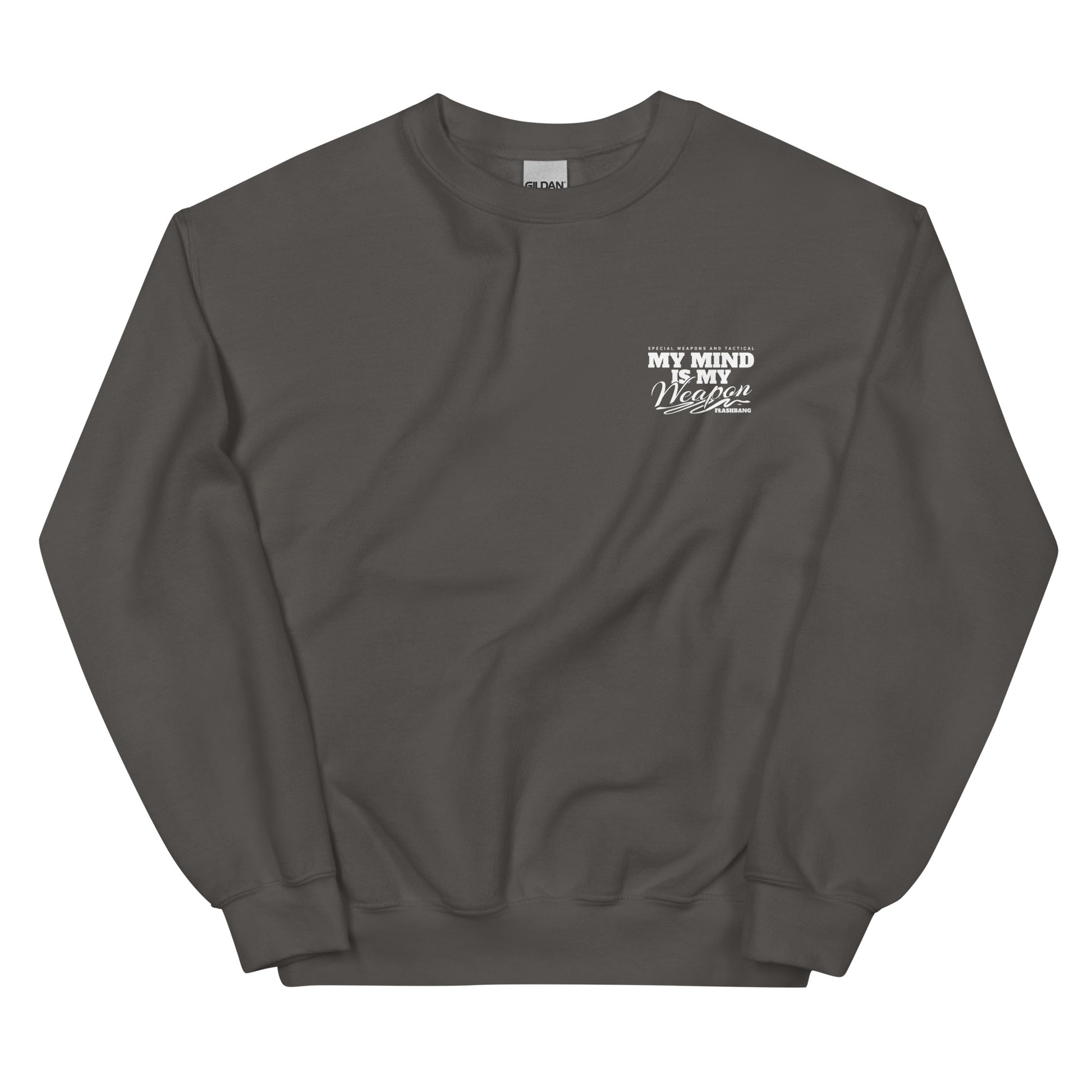 Dark gray sweatshirt with white text on a white background