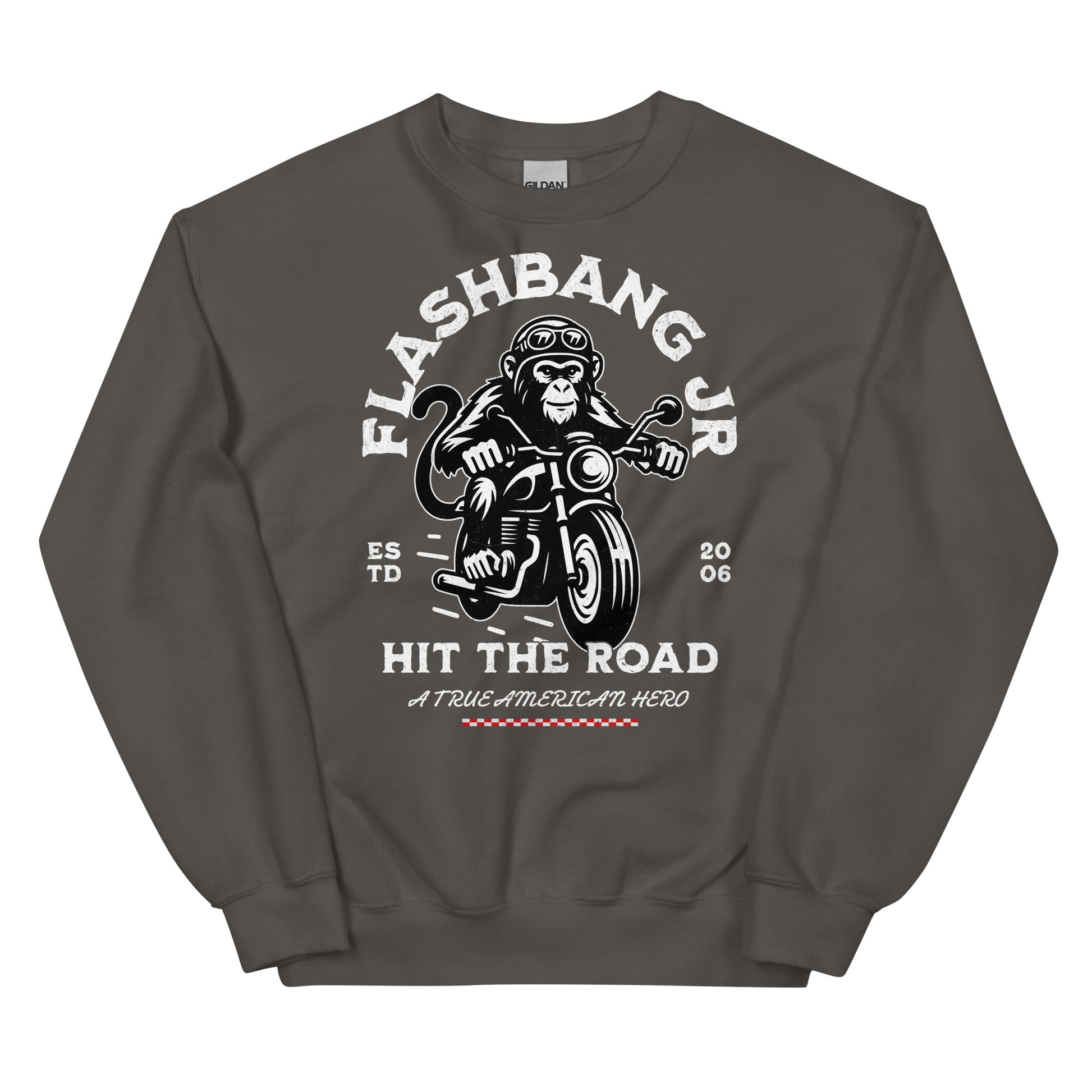 Gray sweatshirt with a graphic of a monkey on a motorcycle and text 'Flashbang Jr. Hit the Road'.