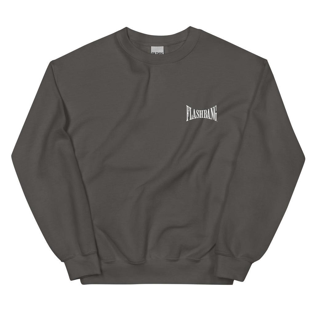 Dark gray sweatshirt with 'Flashbang' logo on a white background