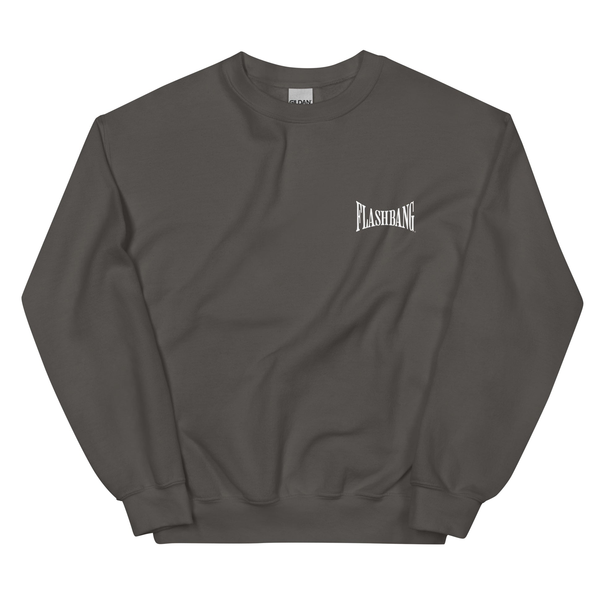 Dark gray sweatshirt with 'Flashbang' logo on a white background