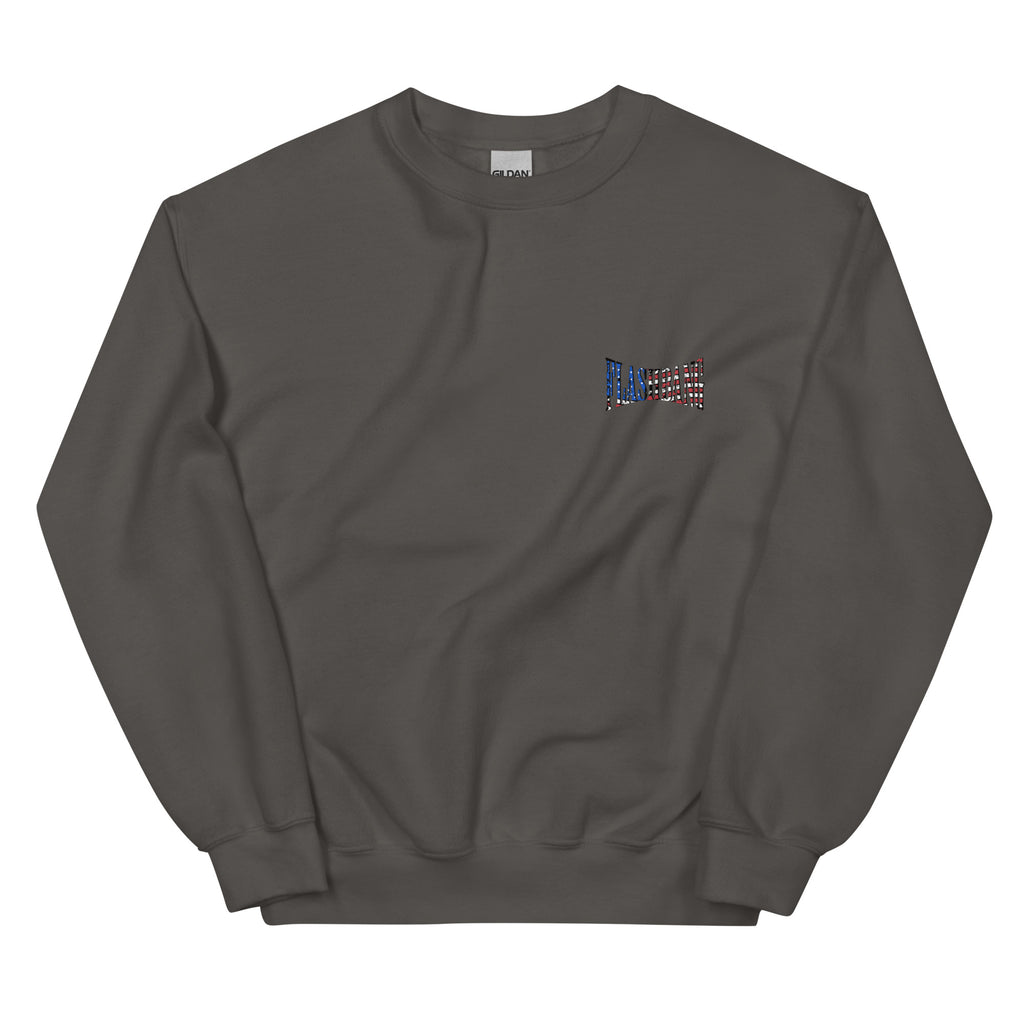 Dark gray sweatshirt with a small colorful flag design on a white background