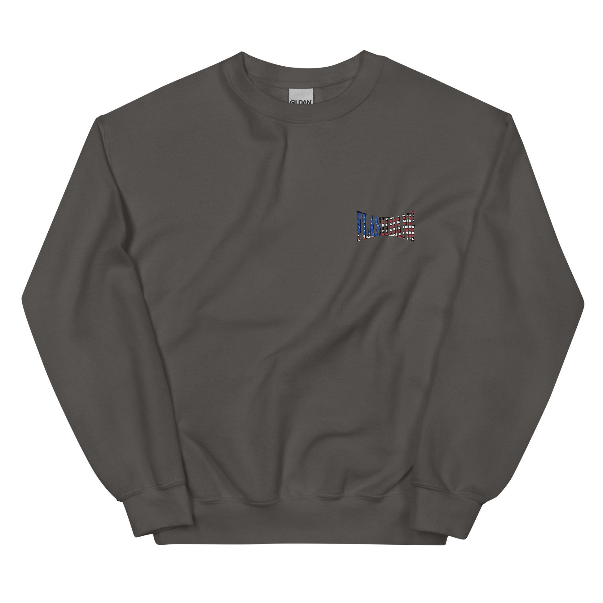 Dark gray sweatshirt with a small colorful flag design on a white background