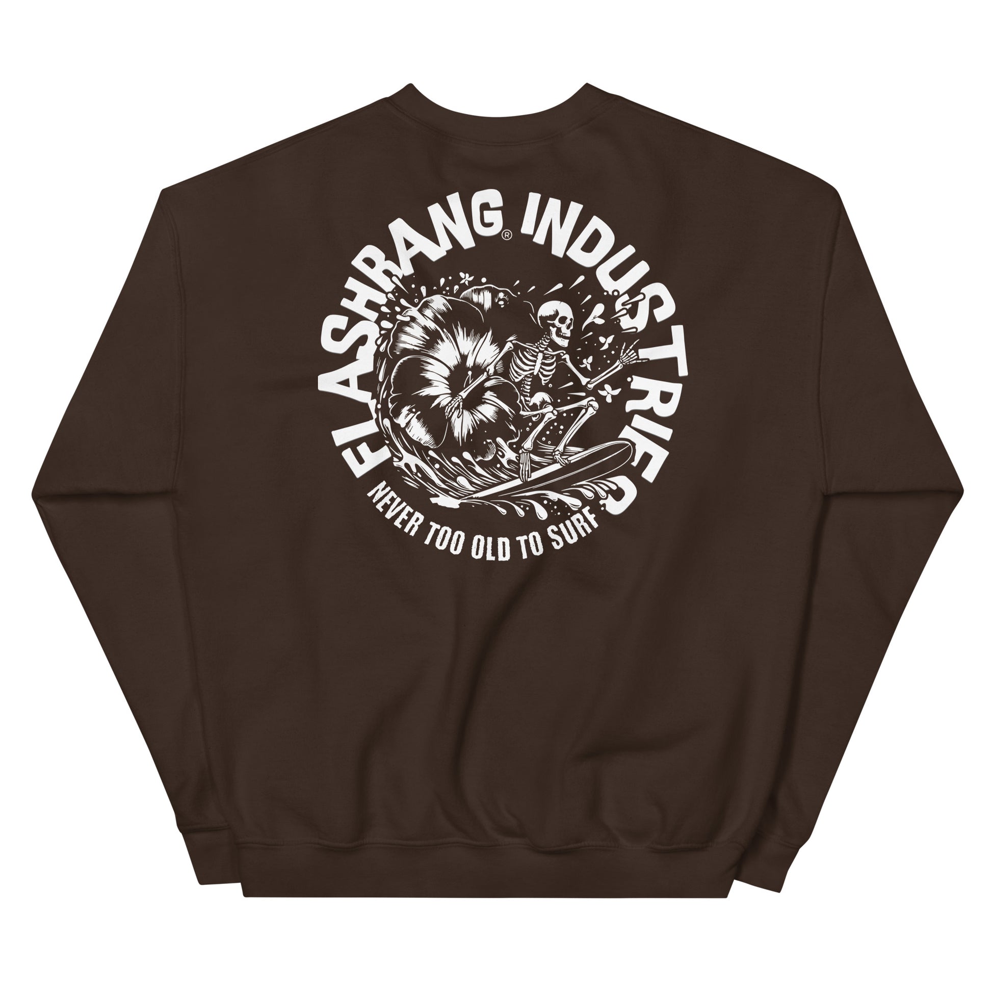 Brown sweatshirt with a graphic design and text on the back, on a white background