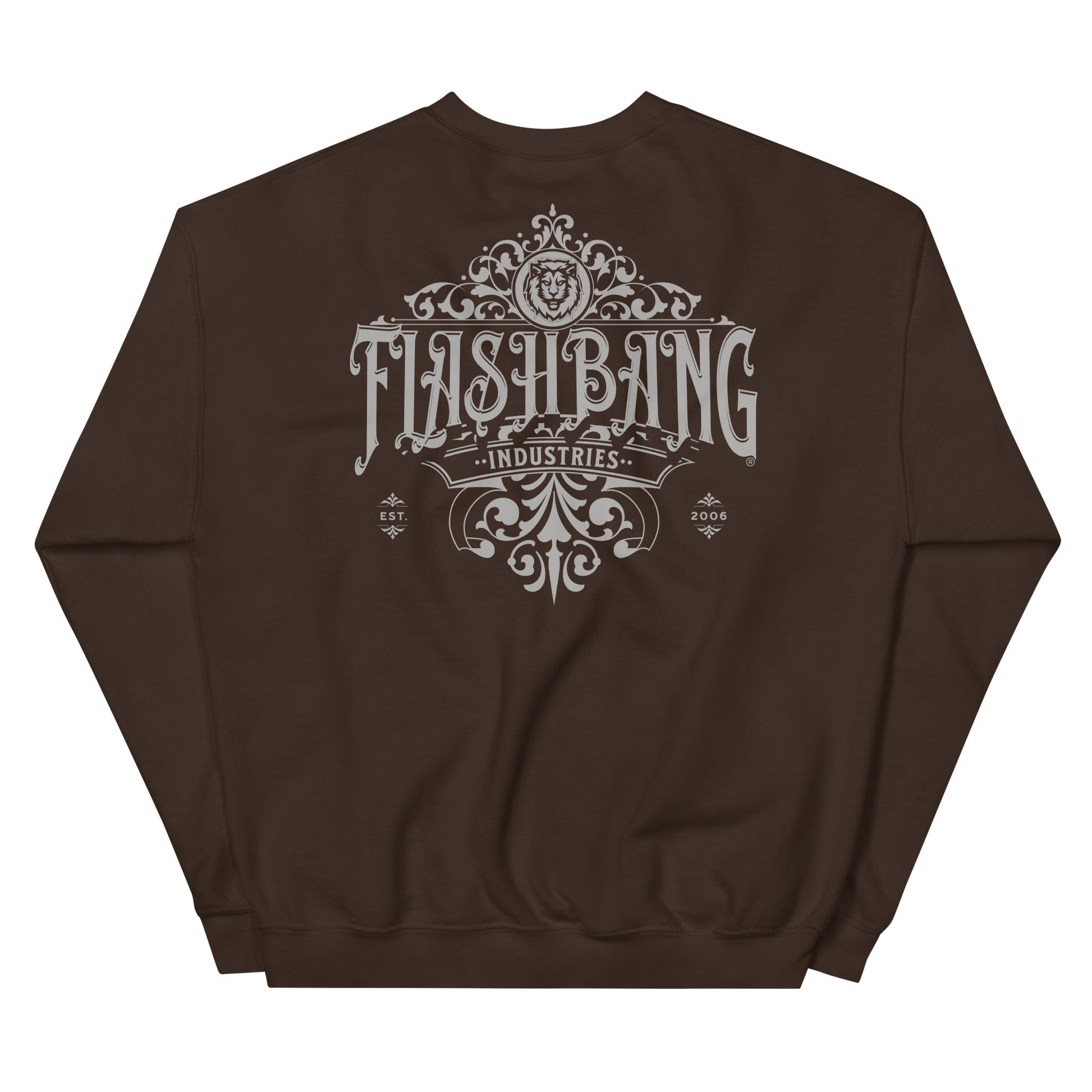 Brown sweatshirt with 'Flashbang Industries' logo on a white background