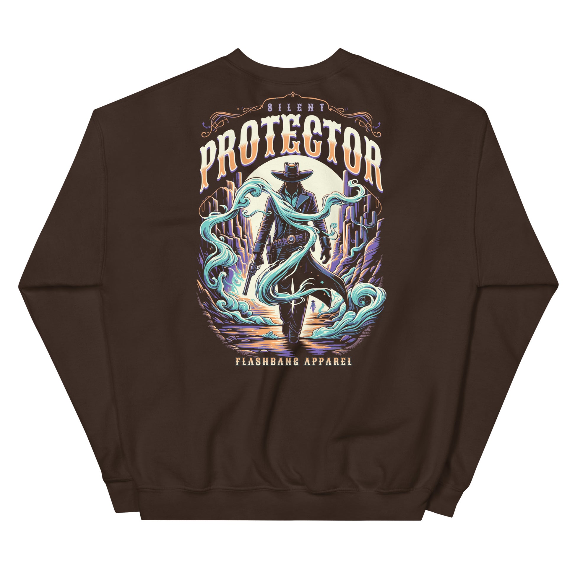 Brown sweatshirt with a graphic design of a cowboy and text 'Silent Protector' on a white background