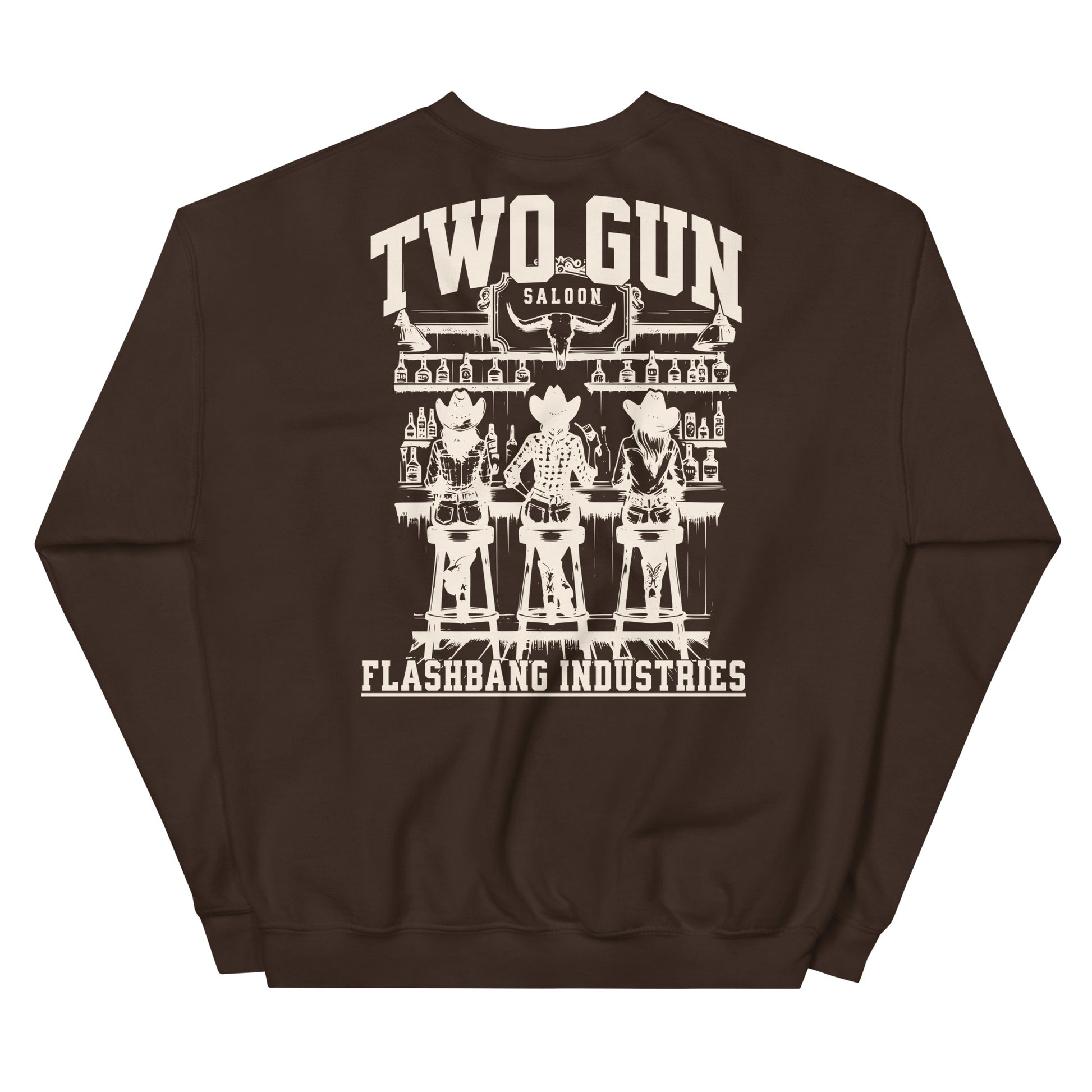 Brown sweatshirt with 'Two Gun Saloon' graphic on the back, featuring 'Flashbang Industries' branding.