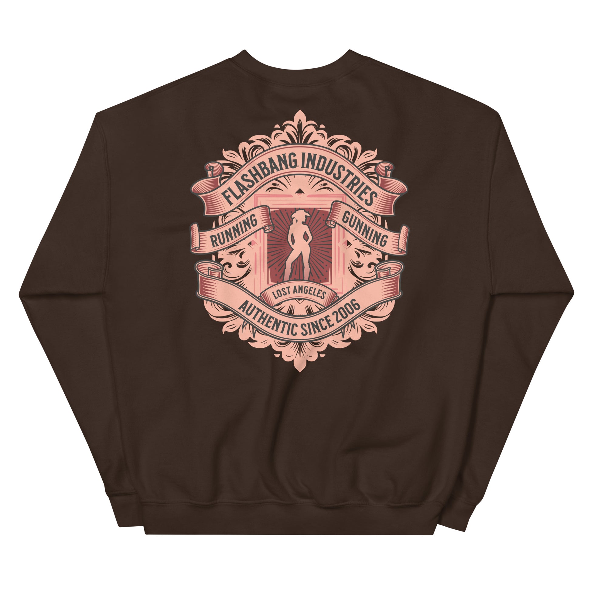 Brown sweatshirt with a pink graphic design on the back on a white background