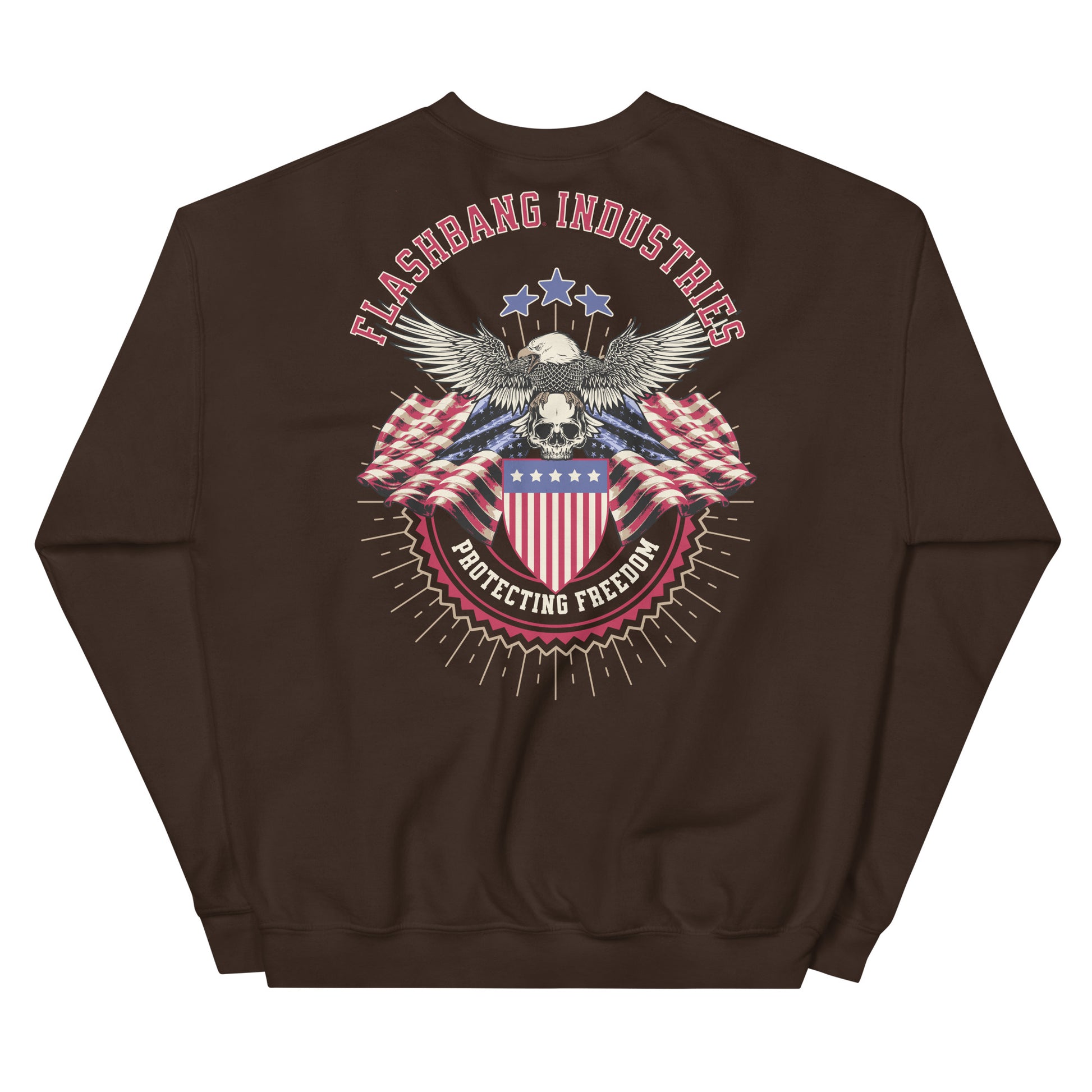 Brown sweatshirt with 'Flashbang Industries' graphic on the back