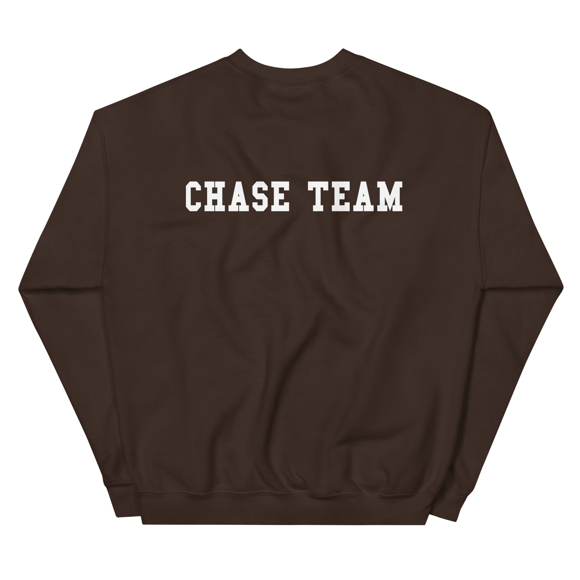 Brown sweatshirt with 'CHASE TEAM' text on a white background