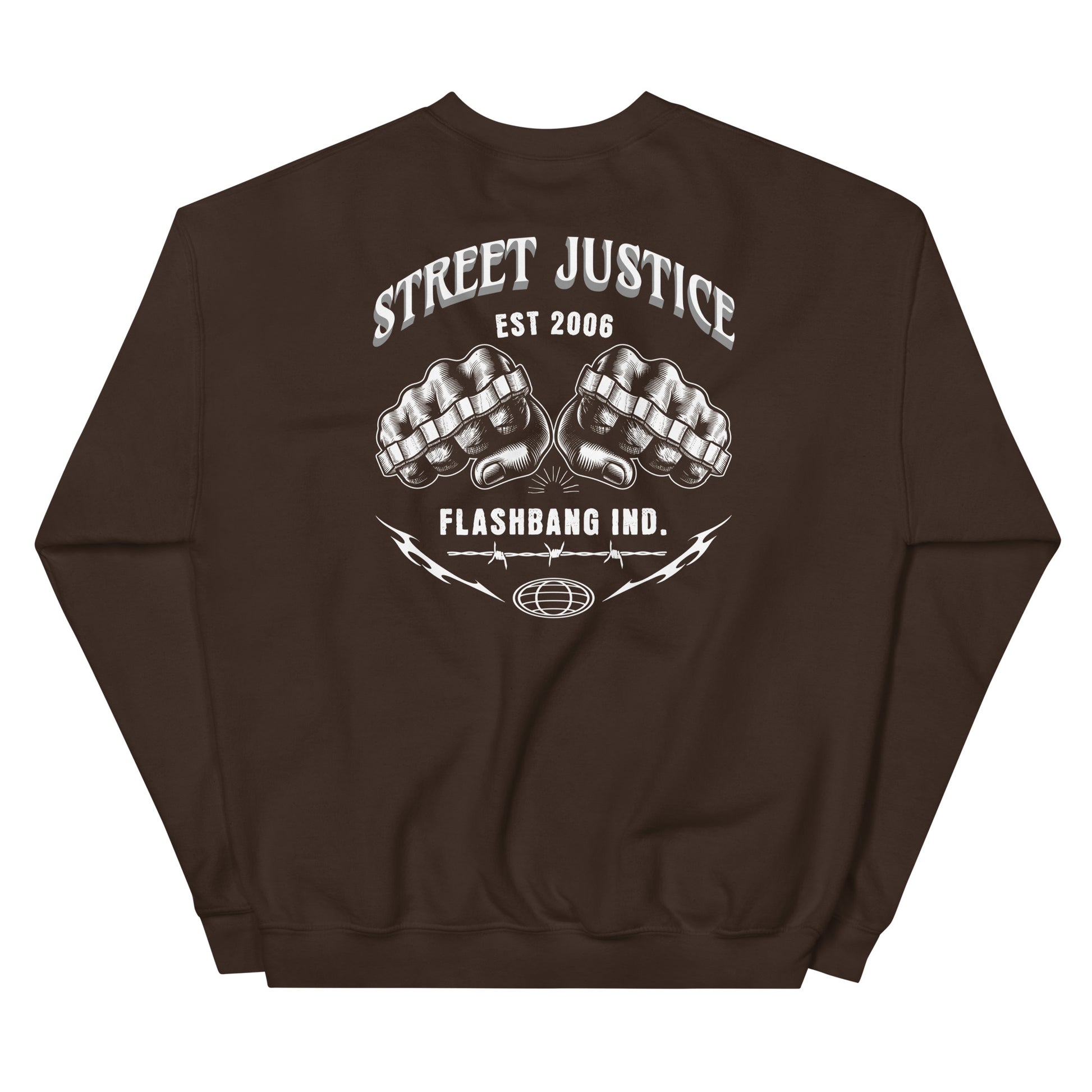 Brown sweatshirt with 'Street Justice' and 'Flashbang Ind.' text on a white background