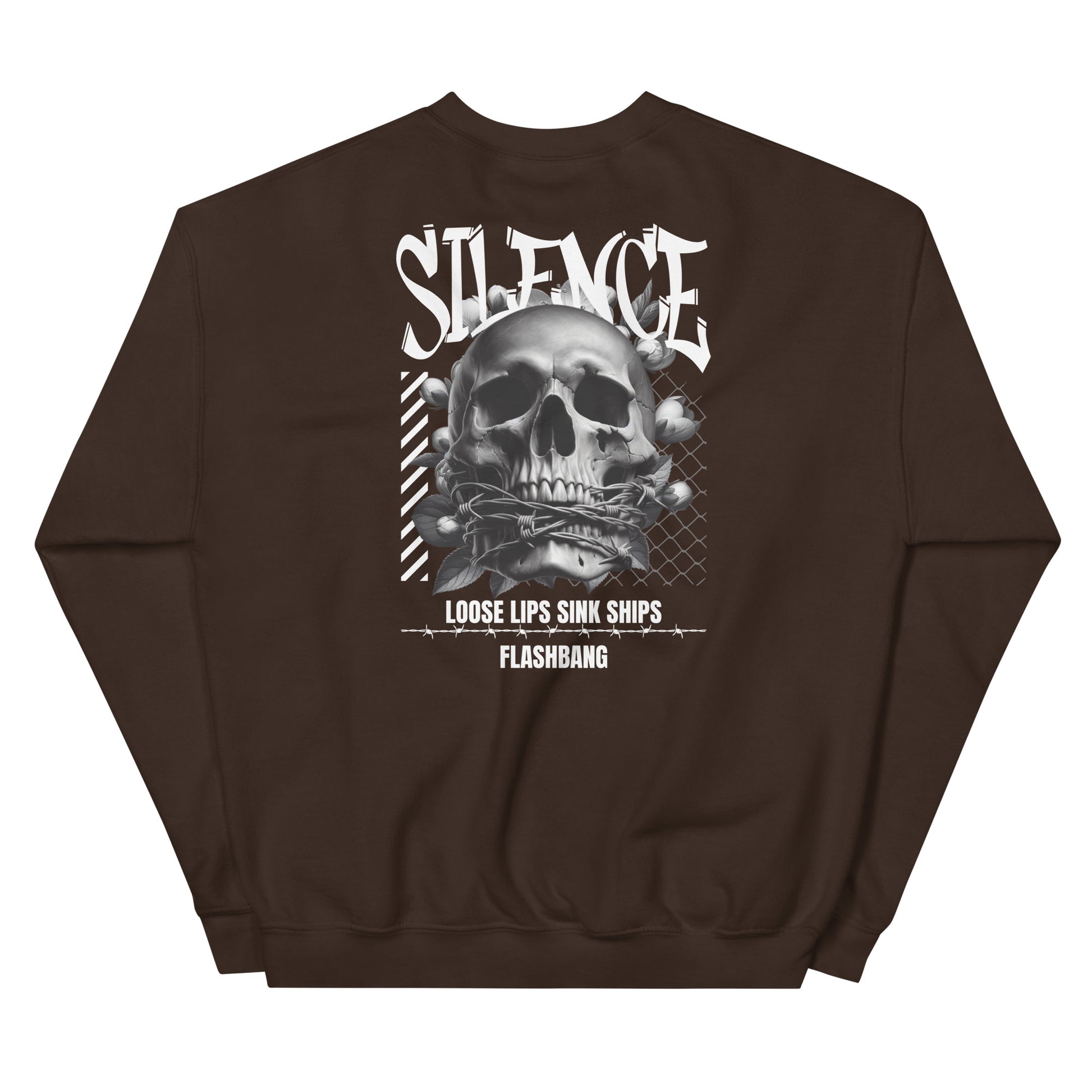 Brown sweatshirt with a graphic design of a skull and text on the back, on a white background.