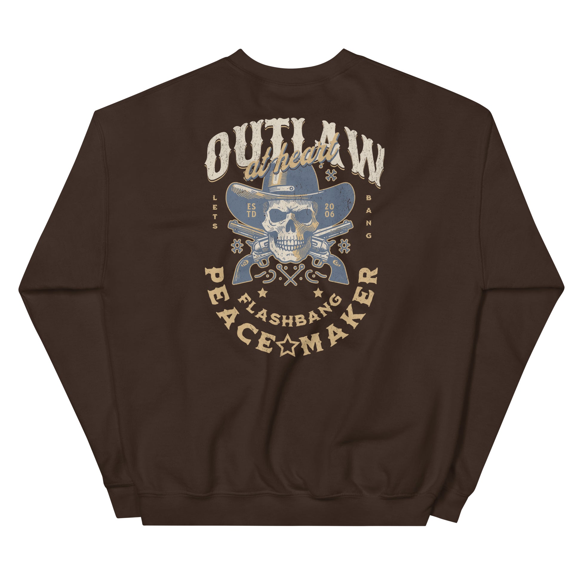 Brown sweatshirt with graphic design and text on a white background