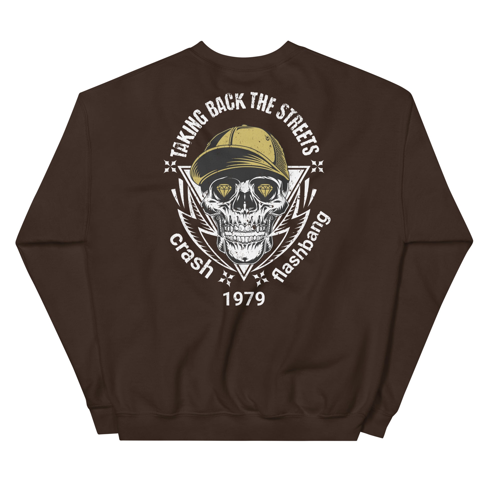 Brown sweatshirt with skull and cap graphic on a white background