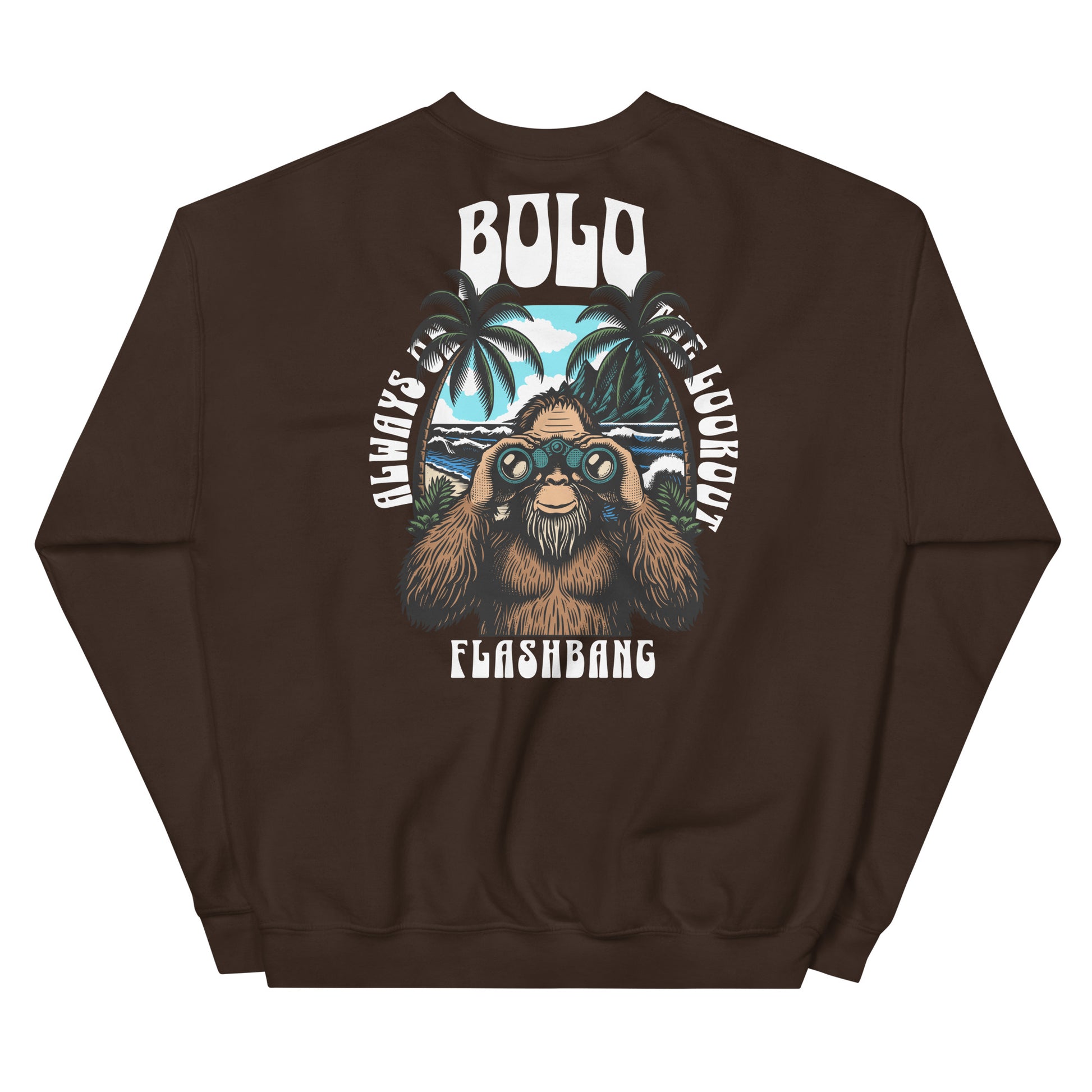 Brown sweatshirt with a graphic design of a bear and text on the back, on a white background.