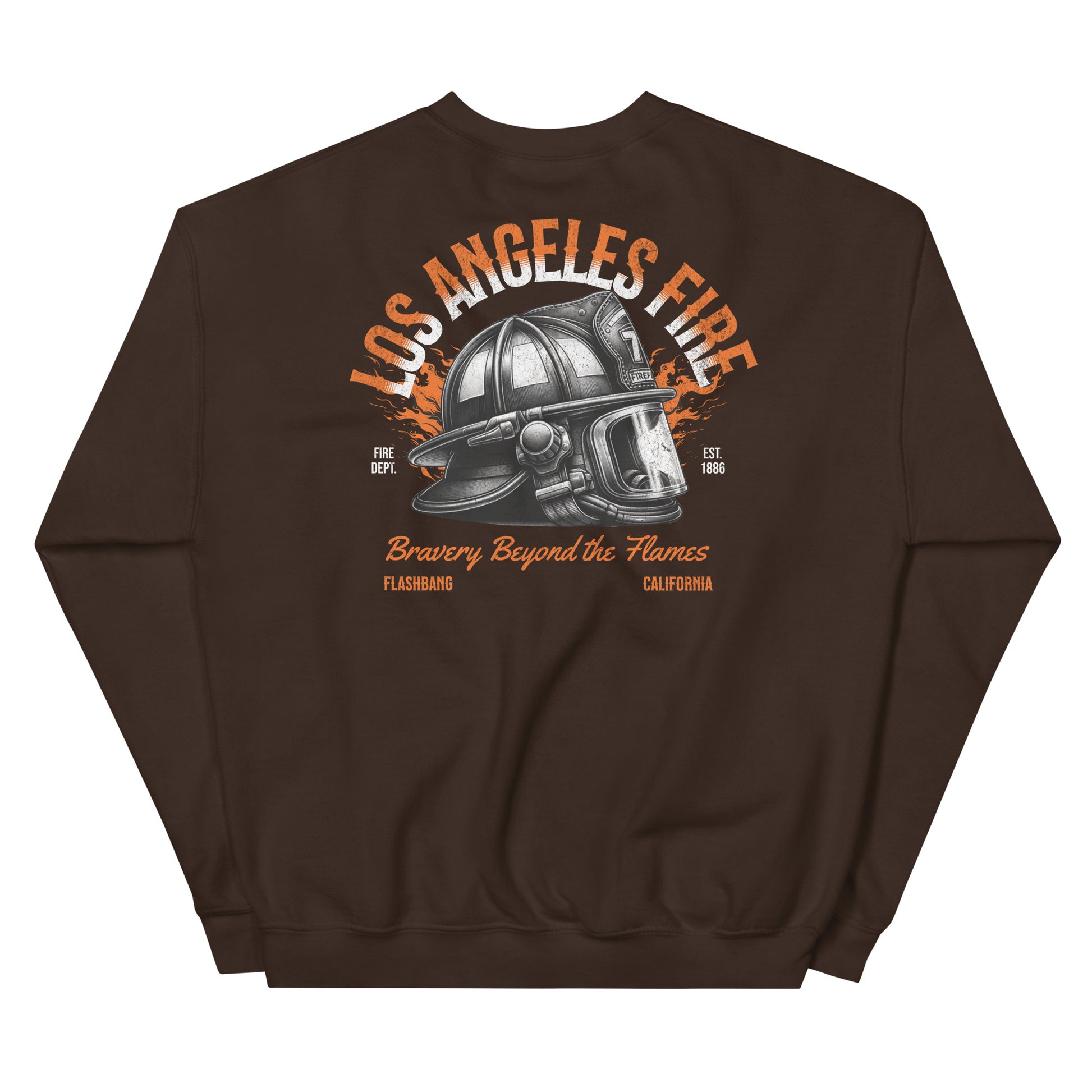 Brown sweatshirt with 'Los Angeles Fire' graphic on a white background