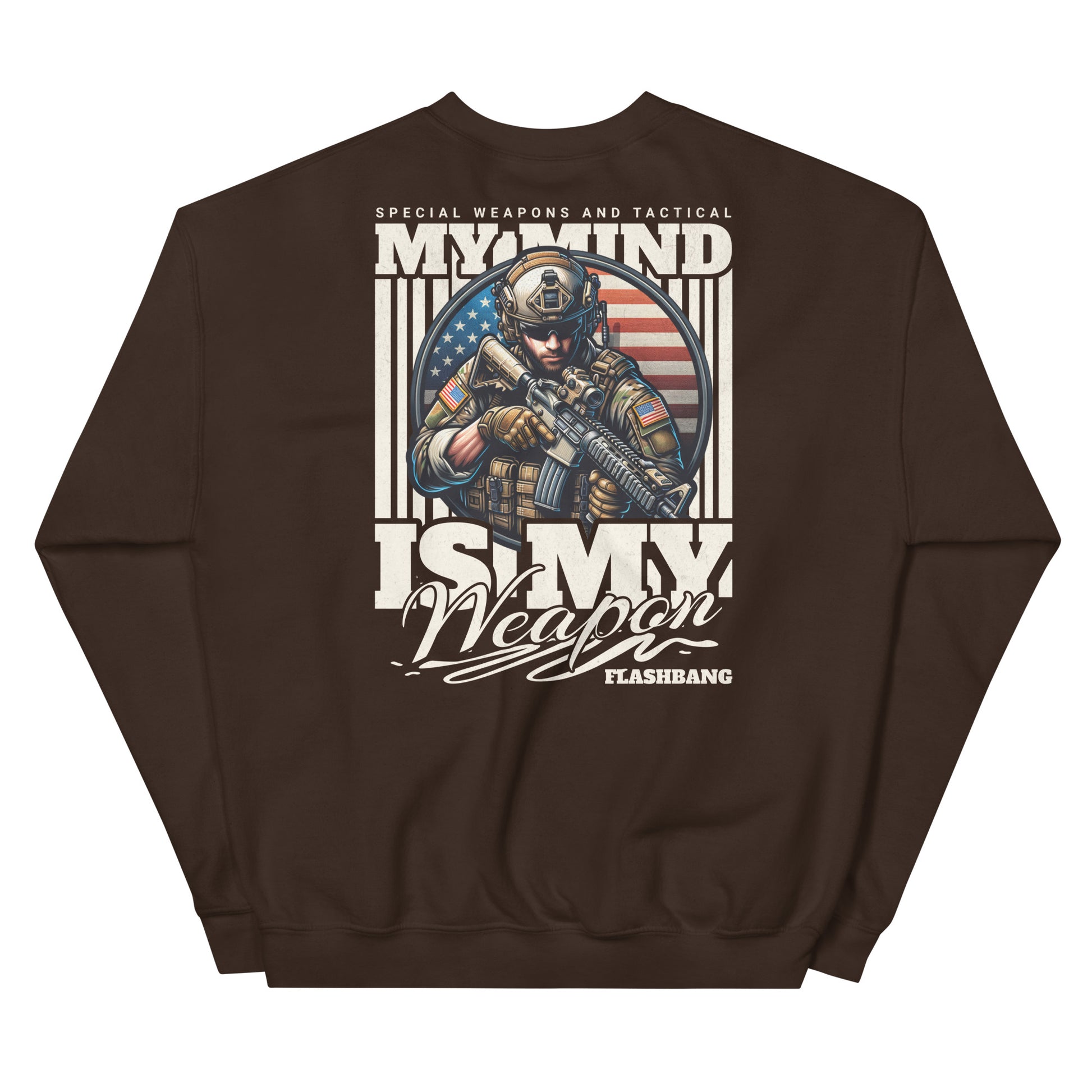 Brown sweatshirt with graphic design and text on a white background