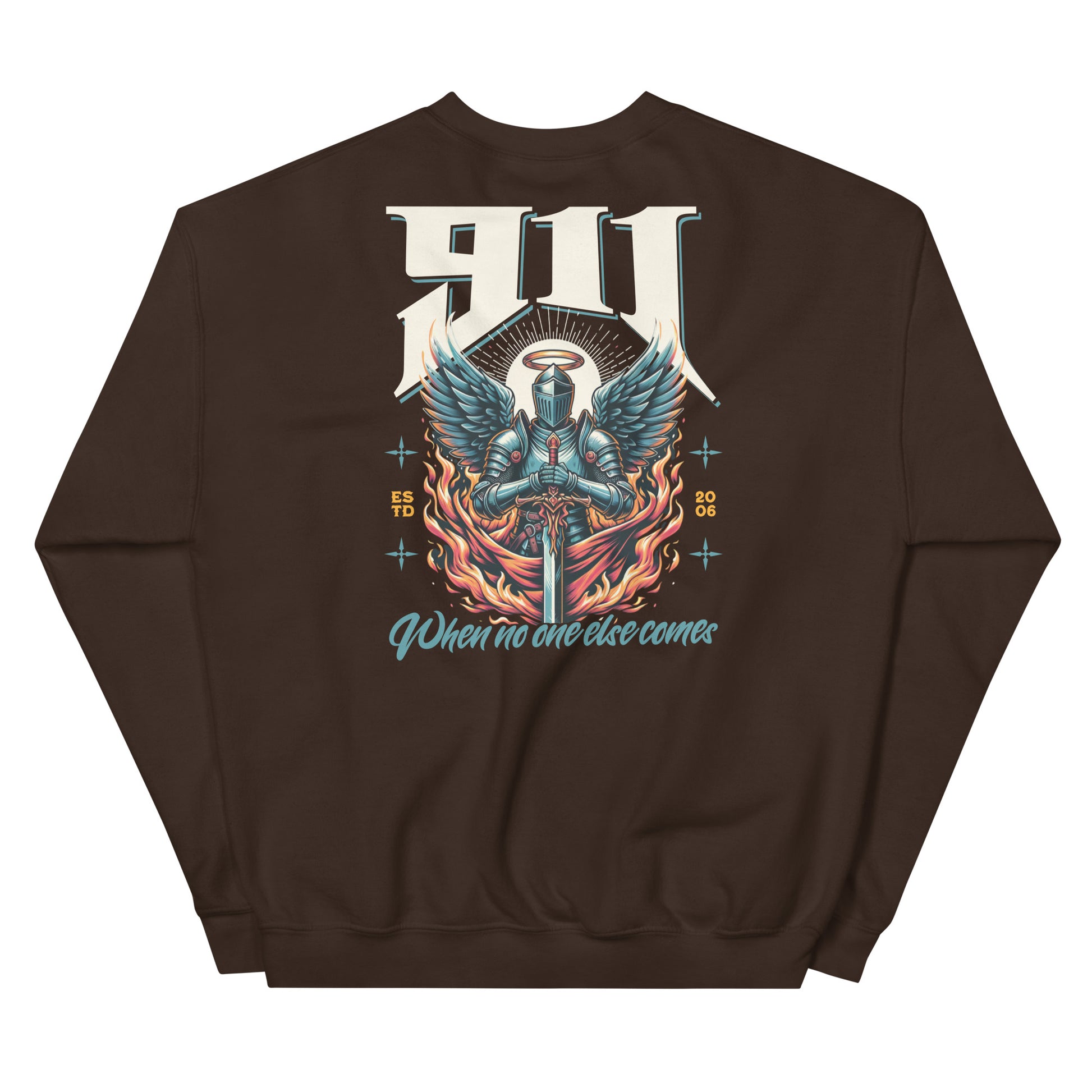 Brown sweatshirt with a graphic design of a knight with wings and text on the back