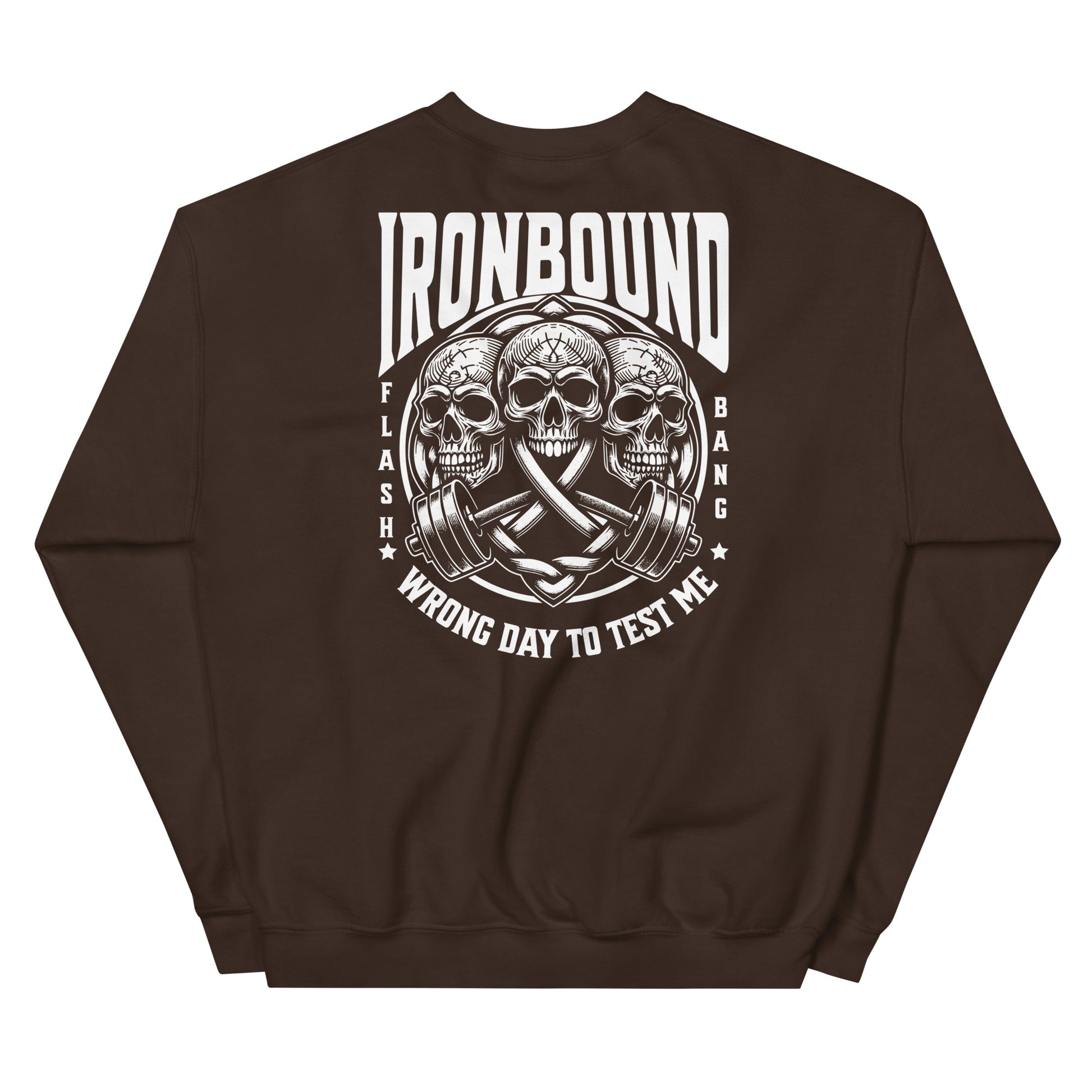 Brown sweatshirt with skull and barbell graphic and 'Ironbound' text on a white background