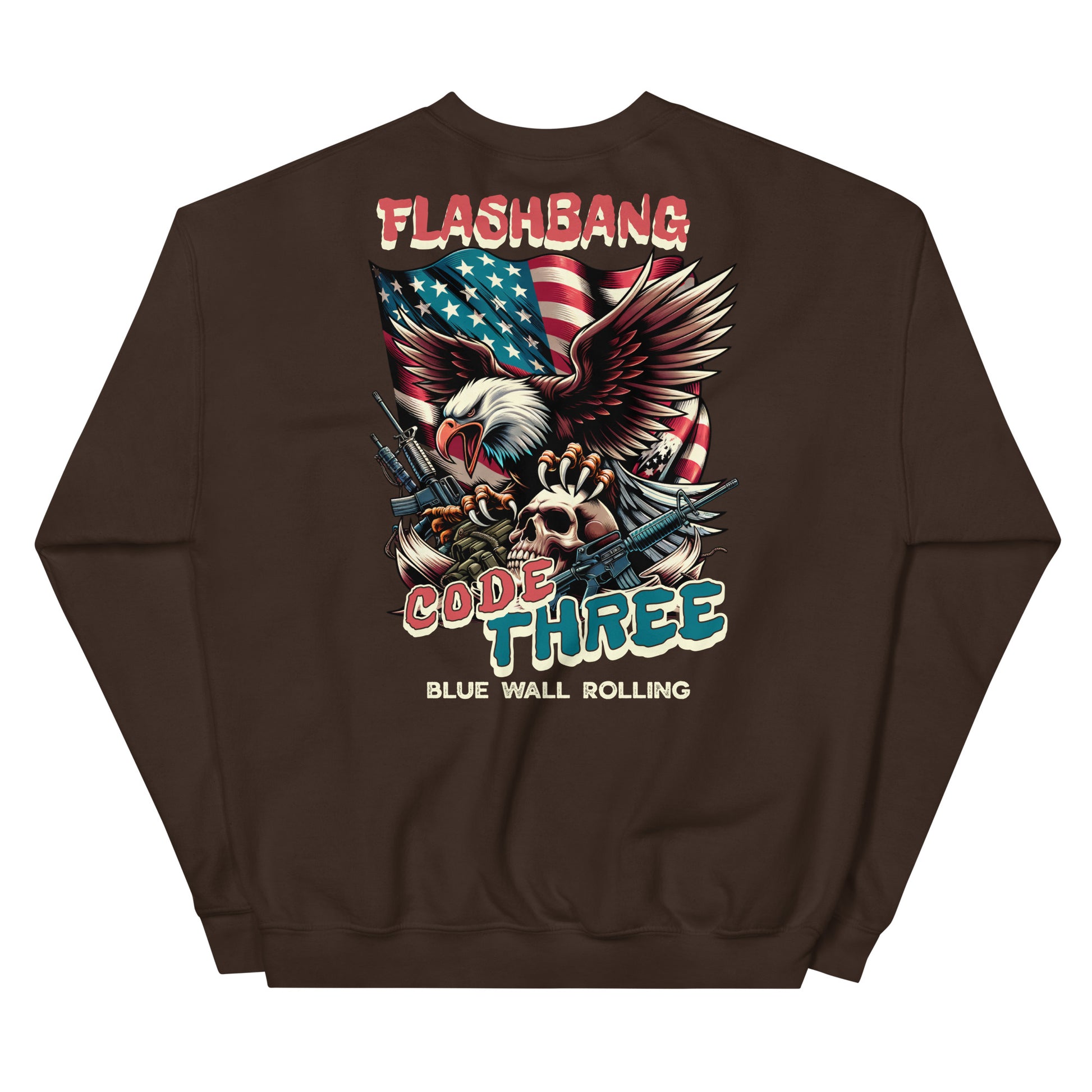 Brown sweatshirt with graphic design featuring an eagle, American flag, and text on a white background