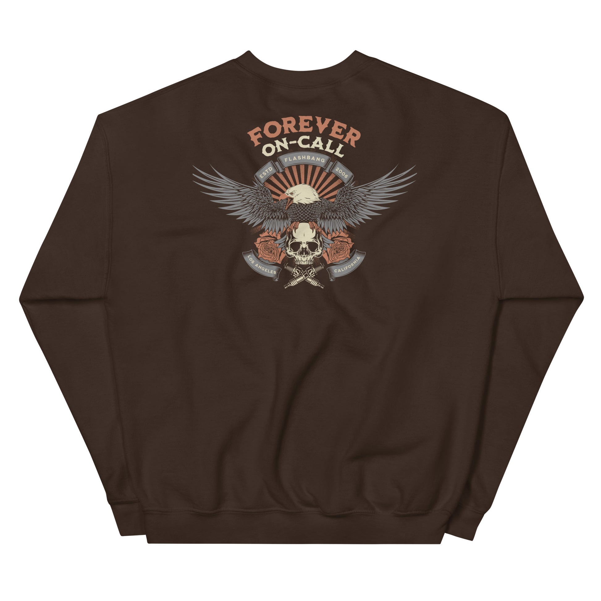 Brown sweatshirt with eagle and skull design on the back, on a white background