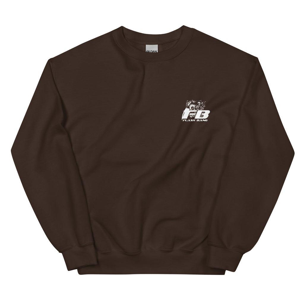 Brown sweatshirt with a logo on the chest against a white background