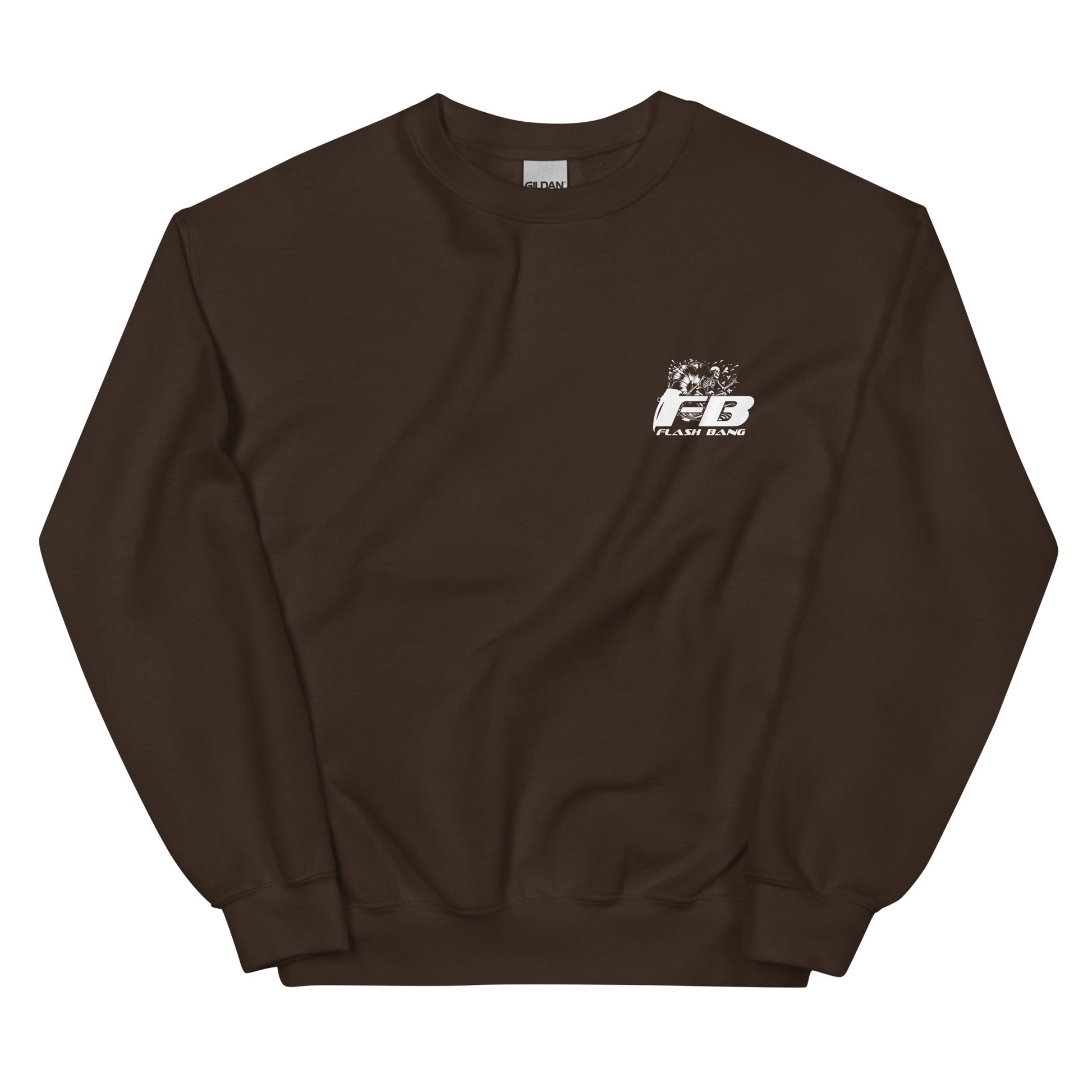 Brown sweatshirt with a logo on the chest against a white background