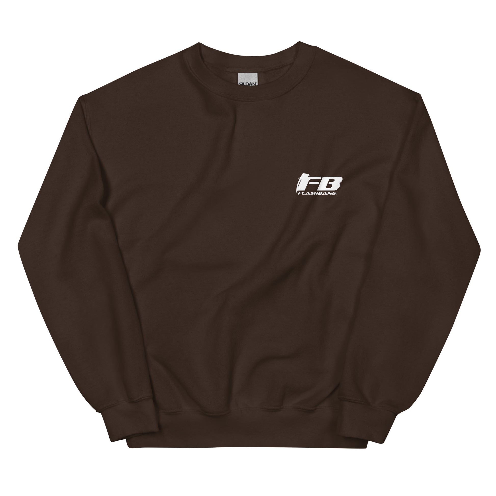 Brown sweatshirt with a logo on the chest against a white background