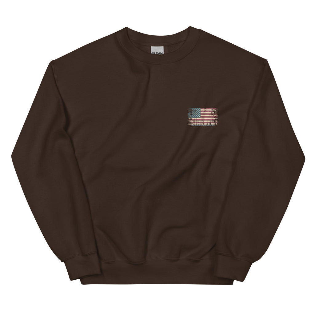 Brown sweatshirt with a small American flag patch on a white background
