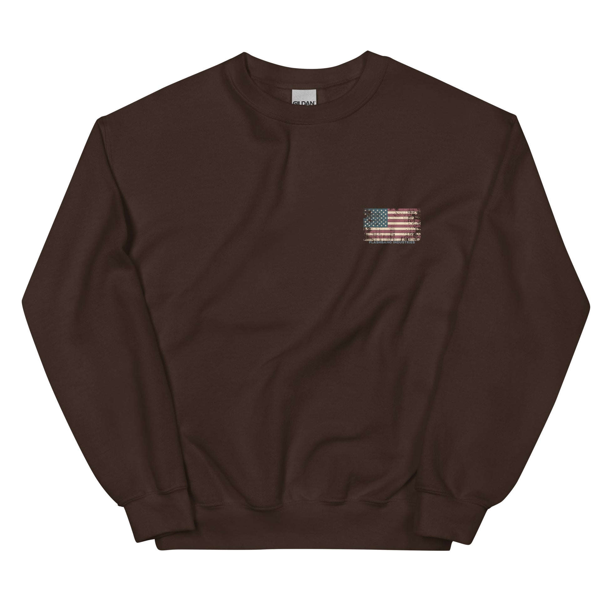 Brown sweatshirt with a small American flag patch on a white background