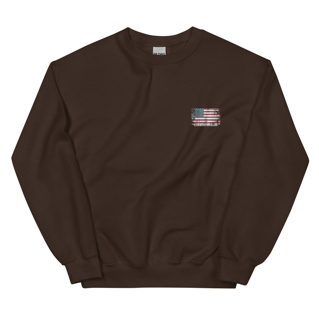 Brown sweatshirt with a small American flag patch on a white background