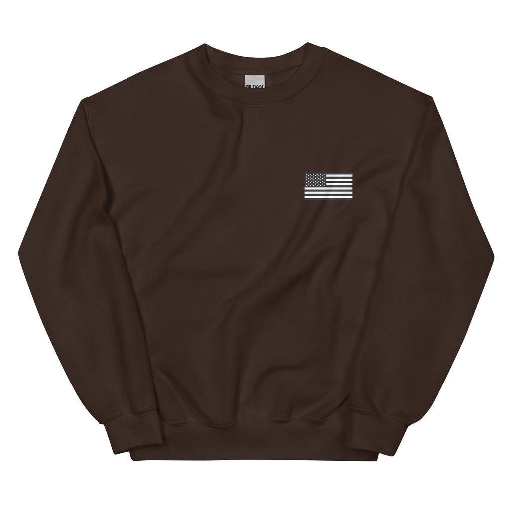 Brown sweatshirt with a small flag patch on a white background