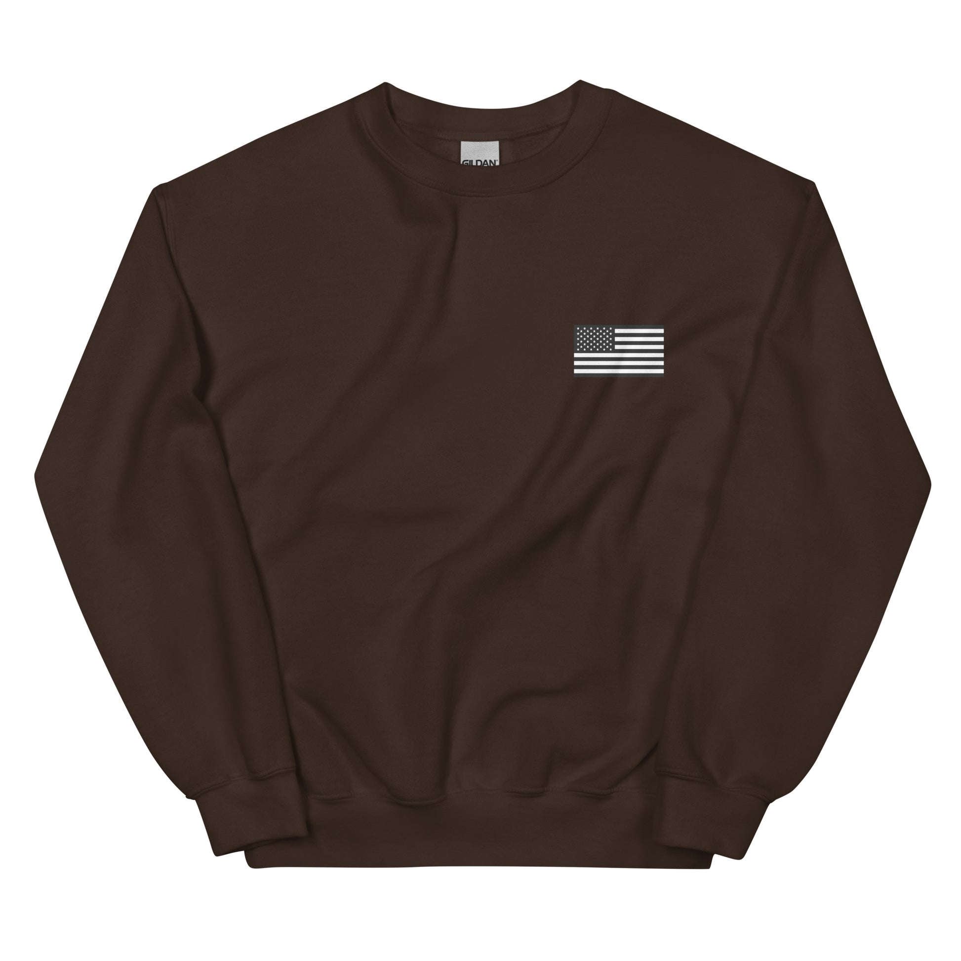 Brown sweatshirt with a small flag patch on a white background