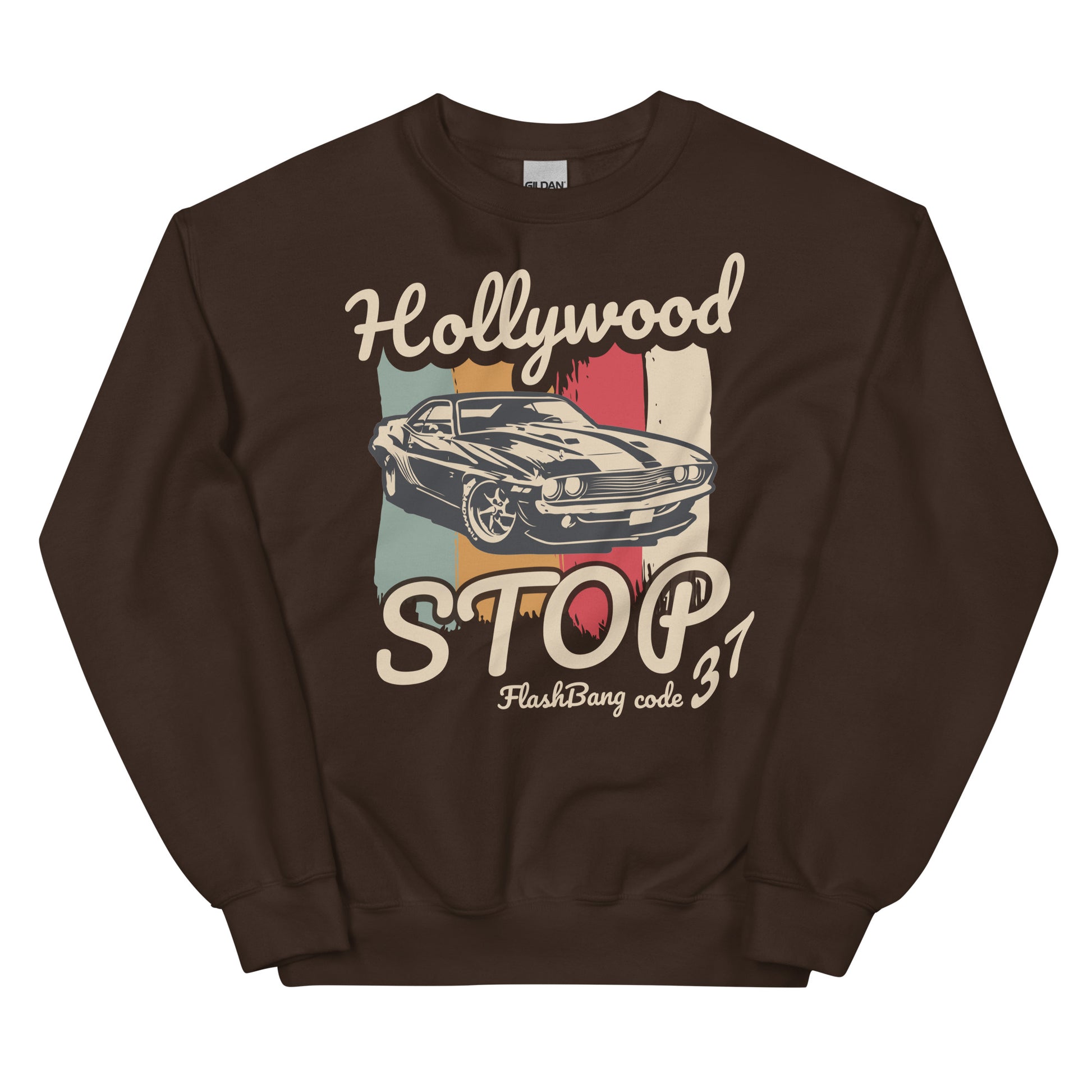 Brown sweatshirt with vintage car graphic and text on a white background