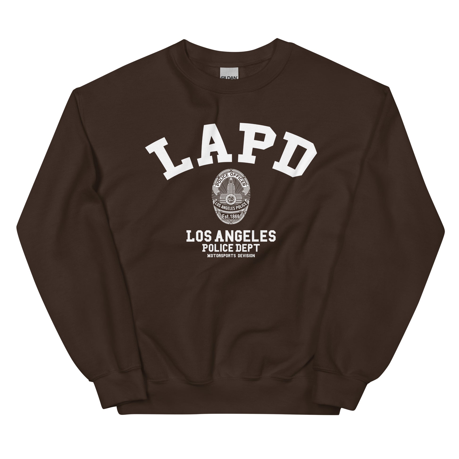 Brown sweatshirt with LAPD Los Angeles Police Dept logo on a white background