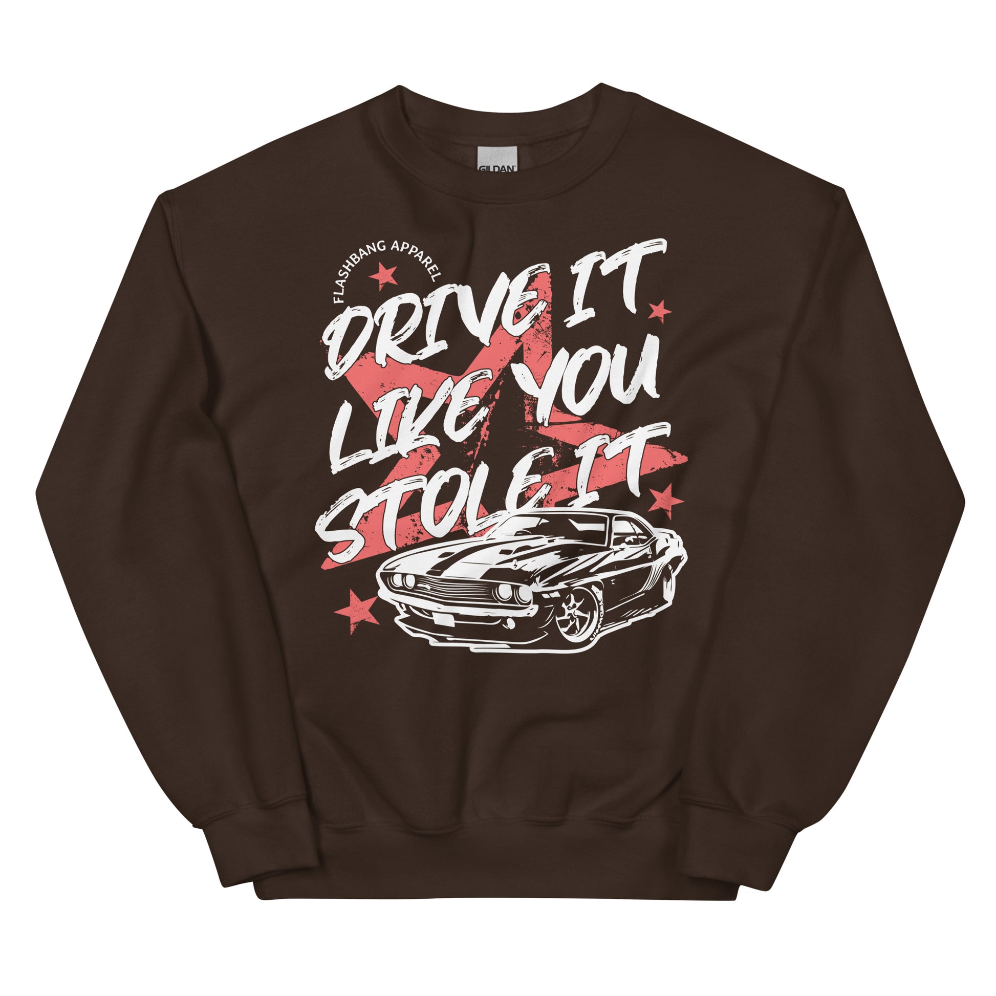 Brown sweatshirt with graphic design and text on a white background