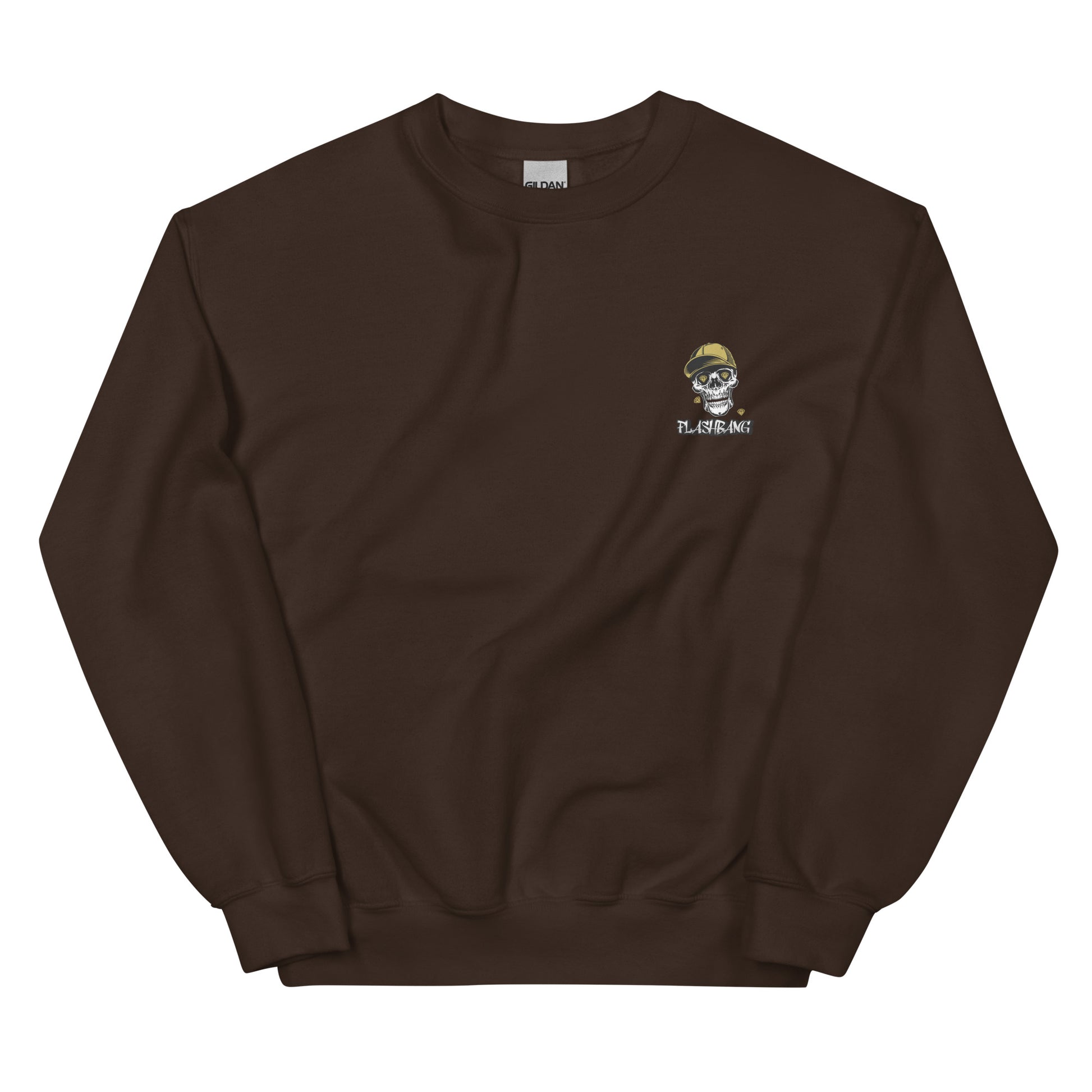 Brown sweatshirt with a small logo on the chest against a white background