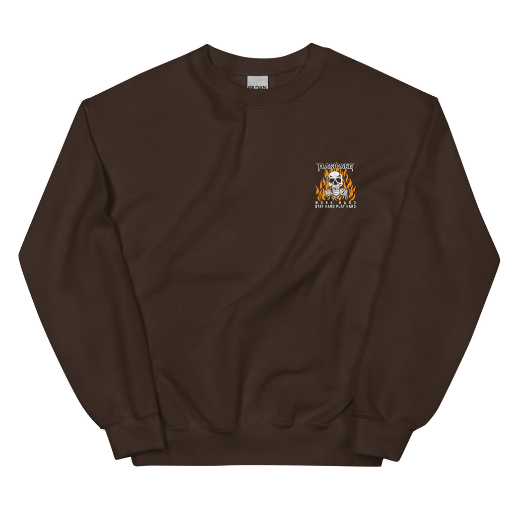 Brown sweatshirt with a small logo on the chest against a white background