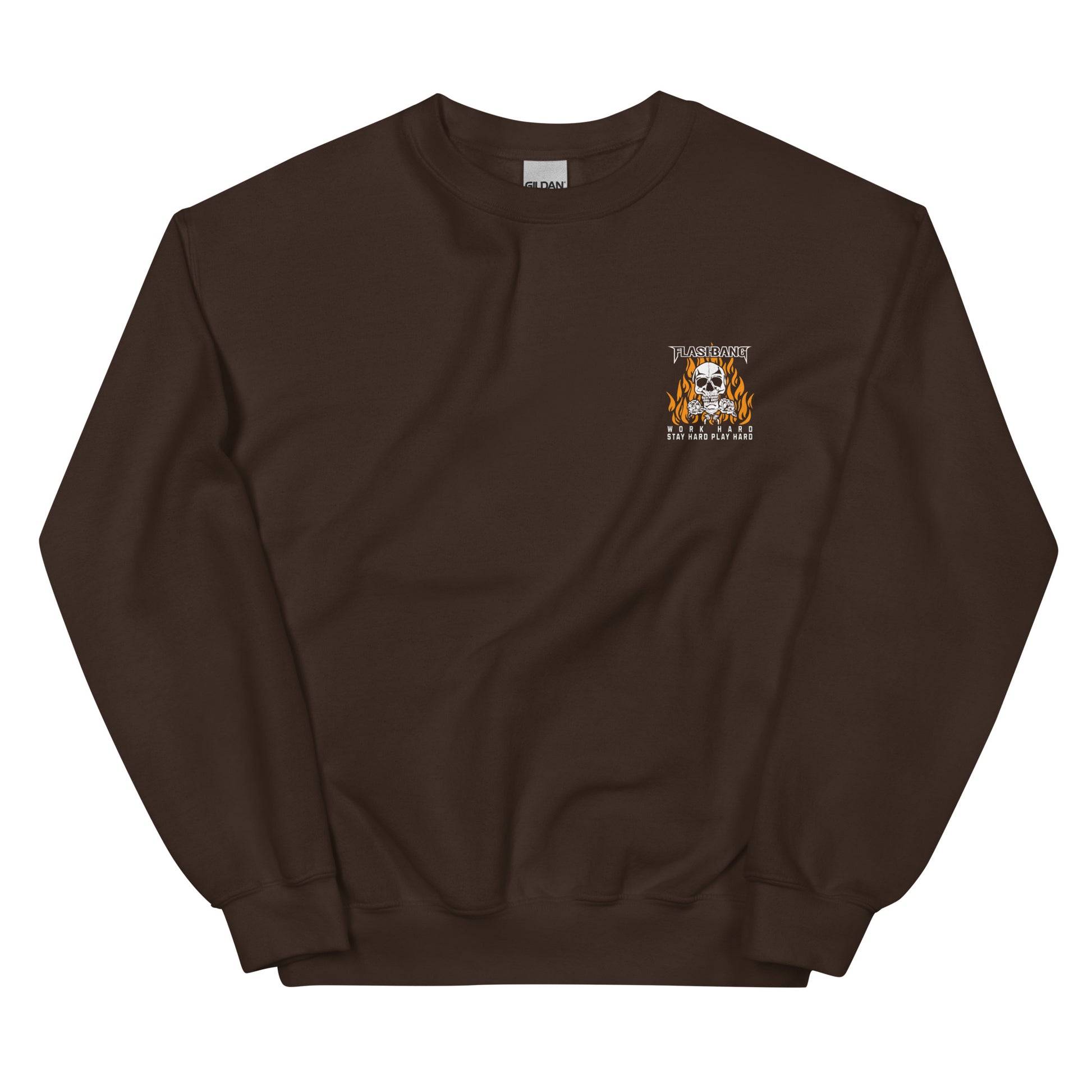 Brown sweatshirt with a small logo on the chest against a white background