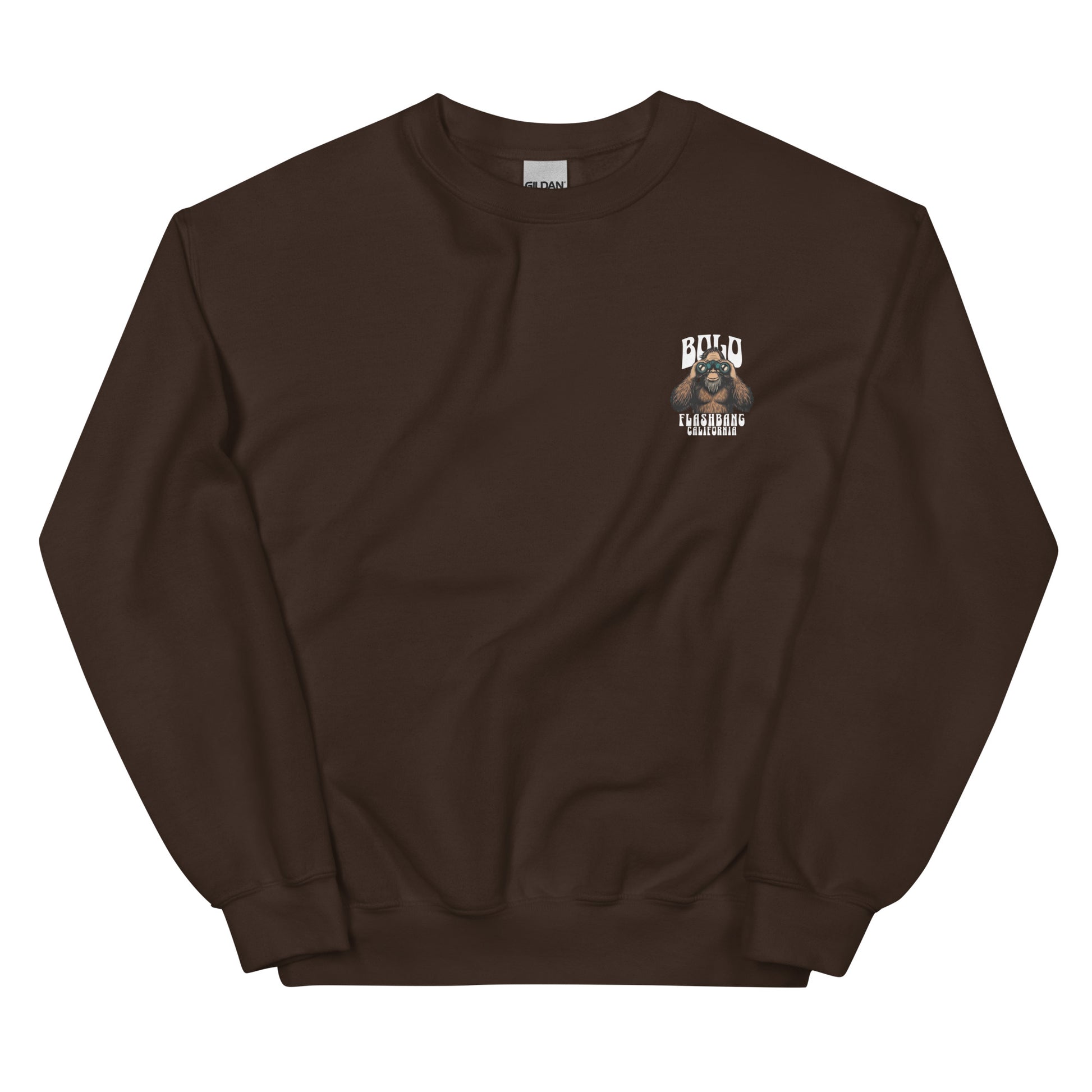 Brown sweatshirt with a small logo on the chest against a white background